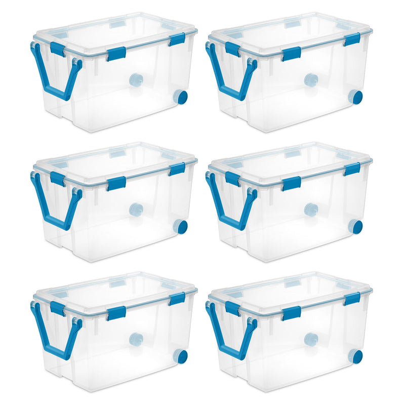 Sterilite 120Qt Clear Plastic Wheeled Storage Bin w/ Gasket Latch Lid, (6 Pack) - VMInnovations