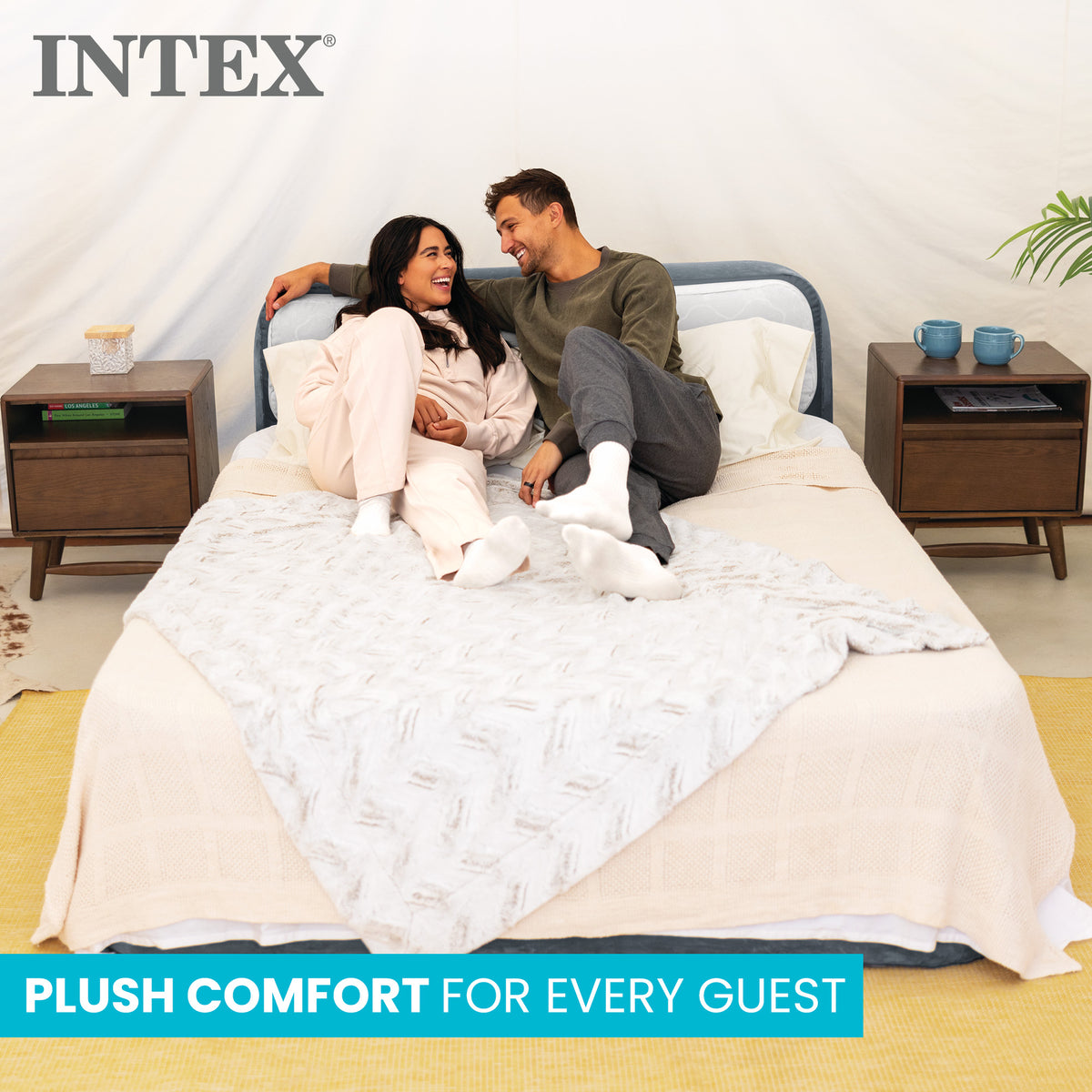Intex Dura-Beam Deluxe Plush Headboard Queen Mattress Built-In Pump(Open Box)