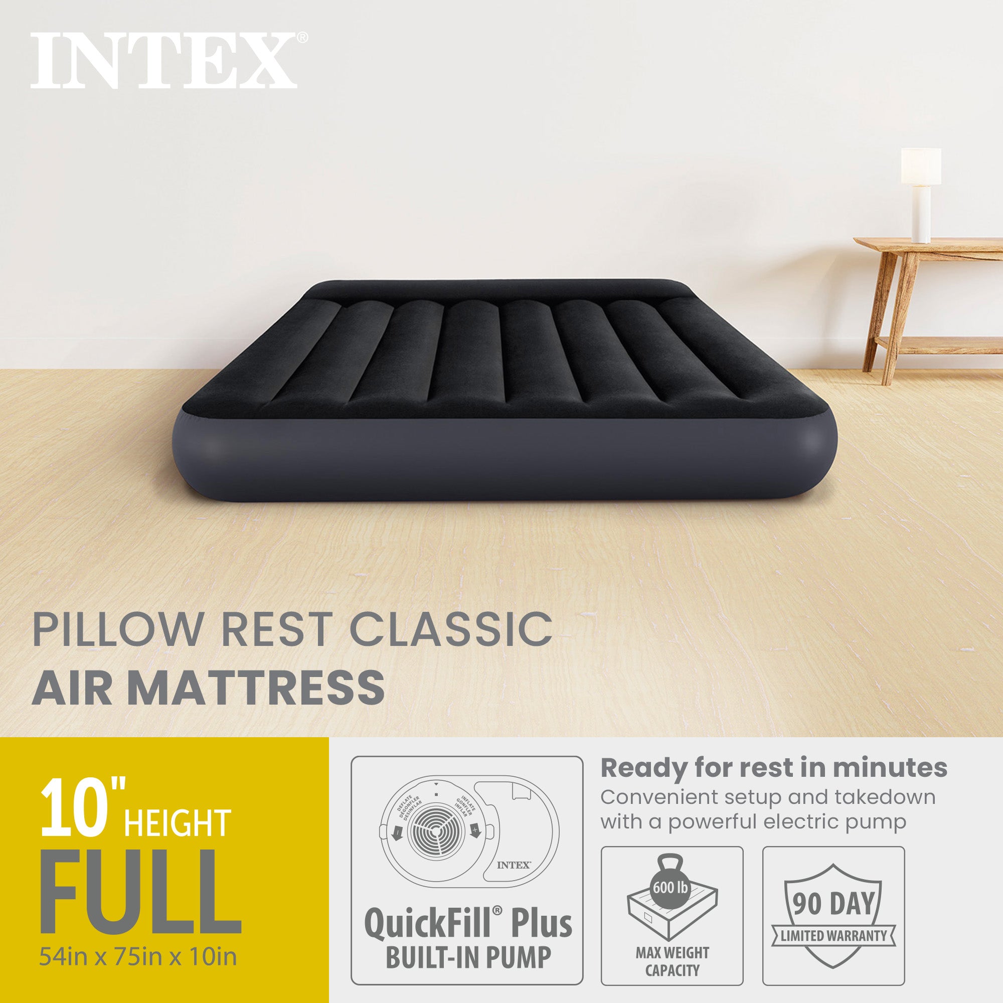 Intex Dura Beam Pillow Rest Standard Classic Air Bed Inflatable Mattress, Full - VMInnovations