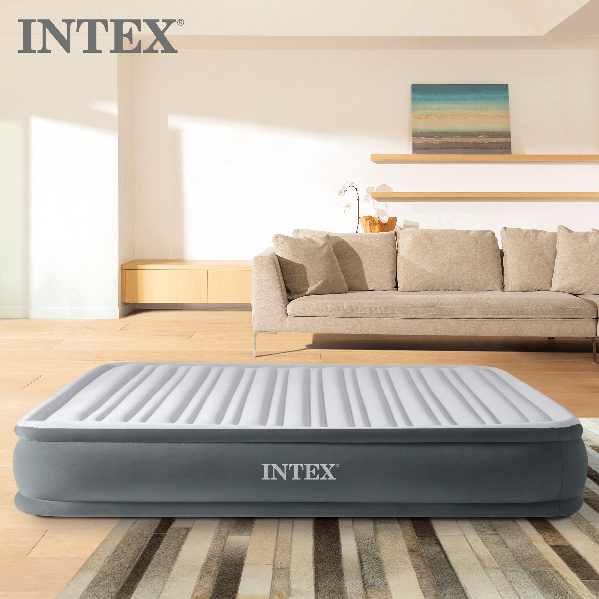 Intex Dura Beam Pillow Rest Classic Airbed Mattress with Built-In Pump, Queen - VMInnovations