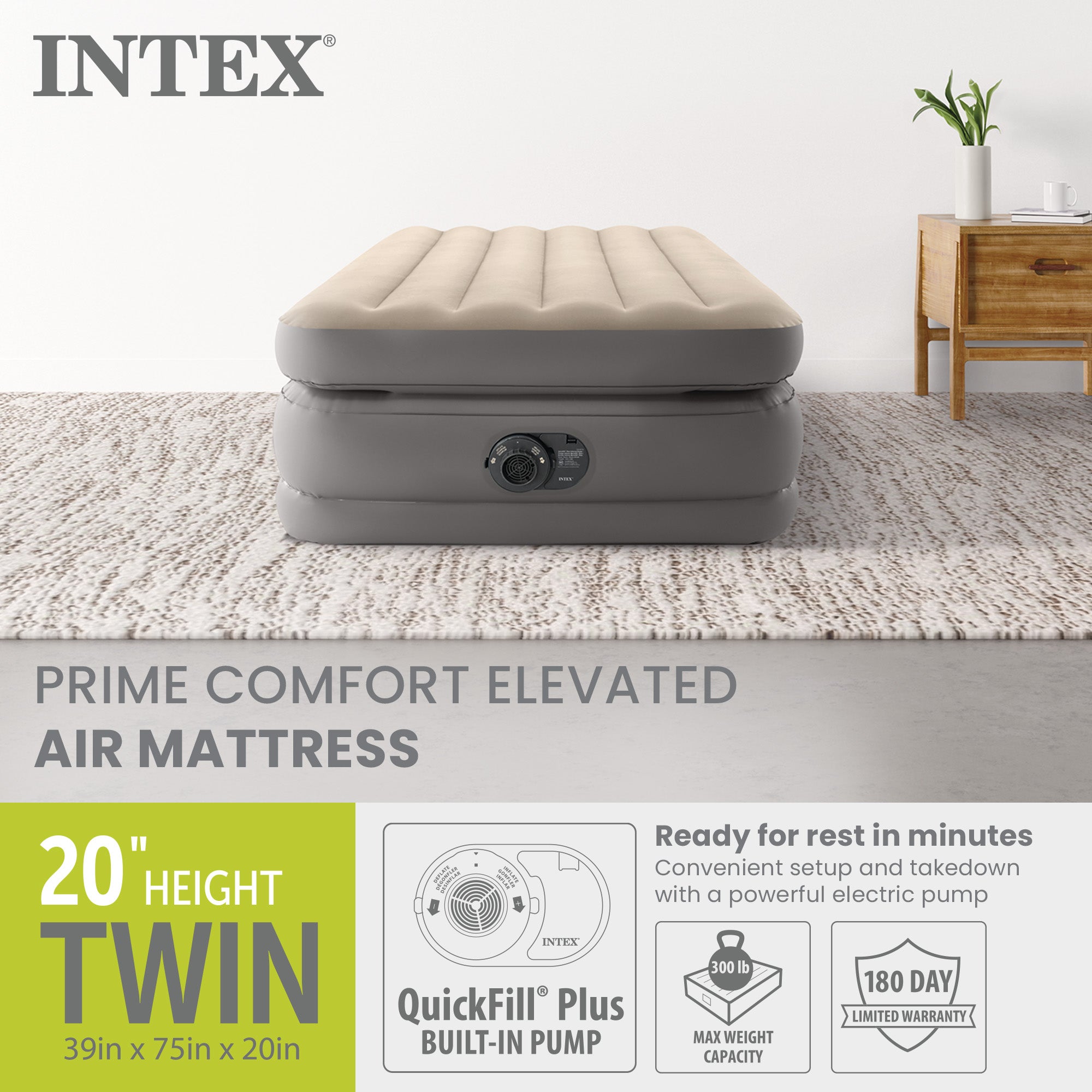 Intex Dura Beam Plus Fiber-Tech Elevated Air Mattress with Built-In Pump, Twin