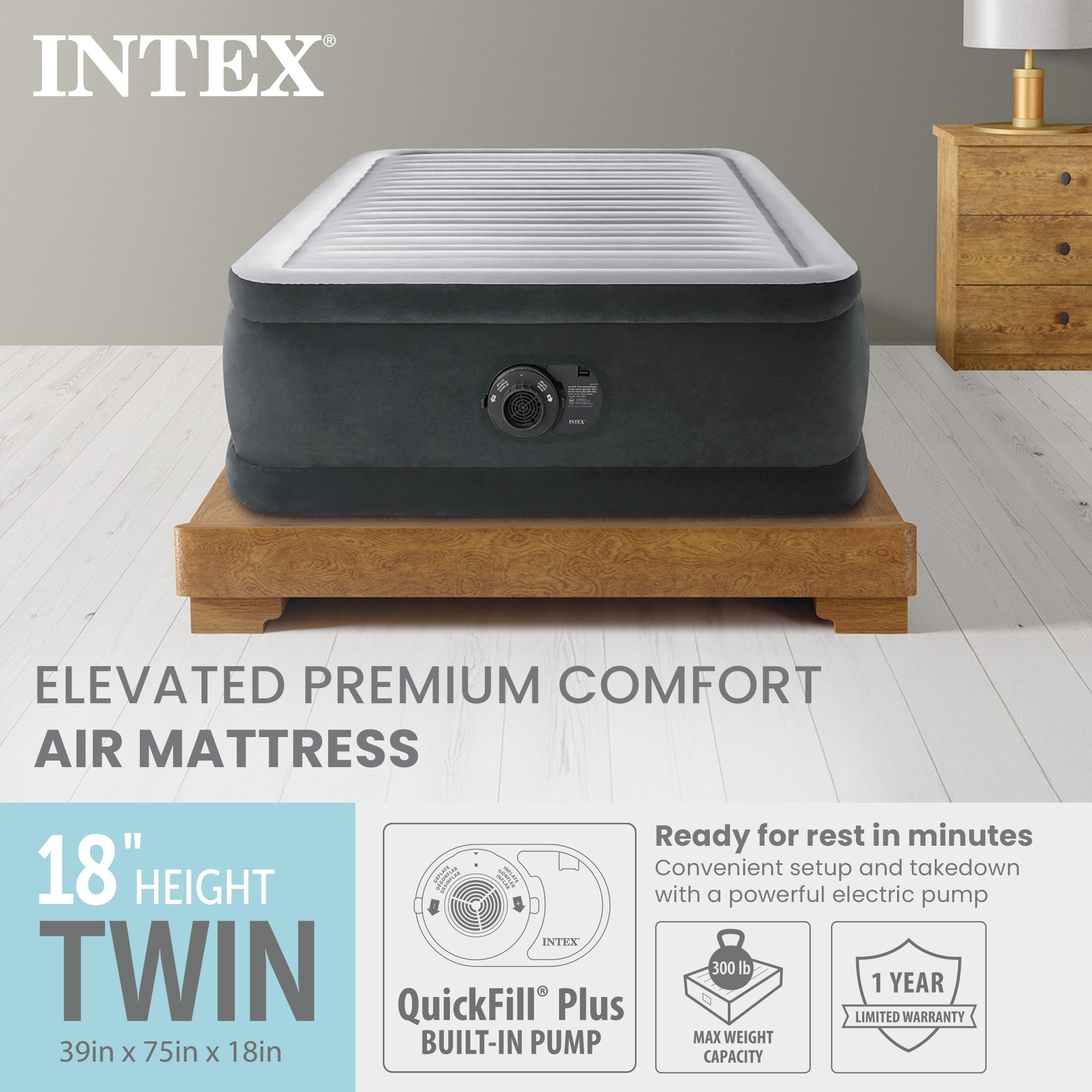Intex Dura Beam Comfort Plus Airbed Mattress Built In Pump, Twin Size(Open Box) - VMInnovations