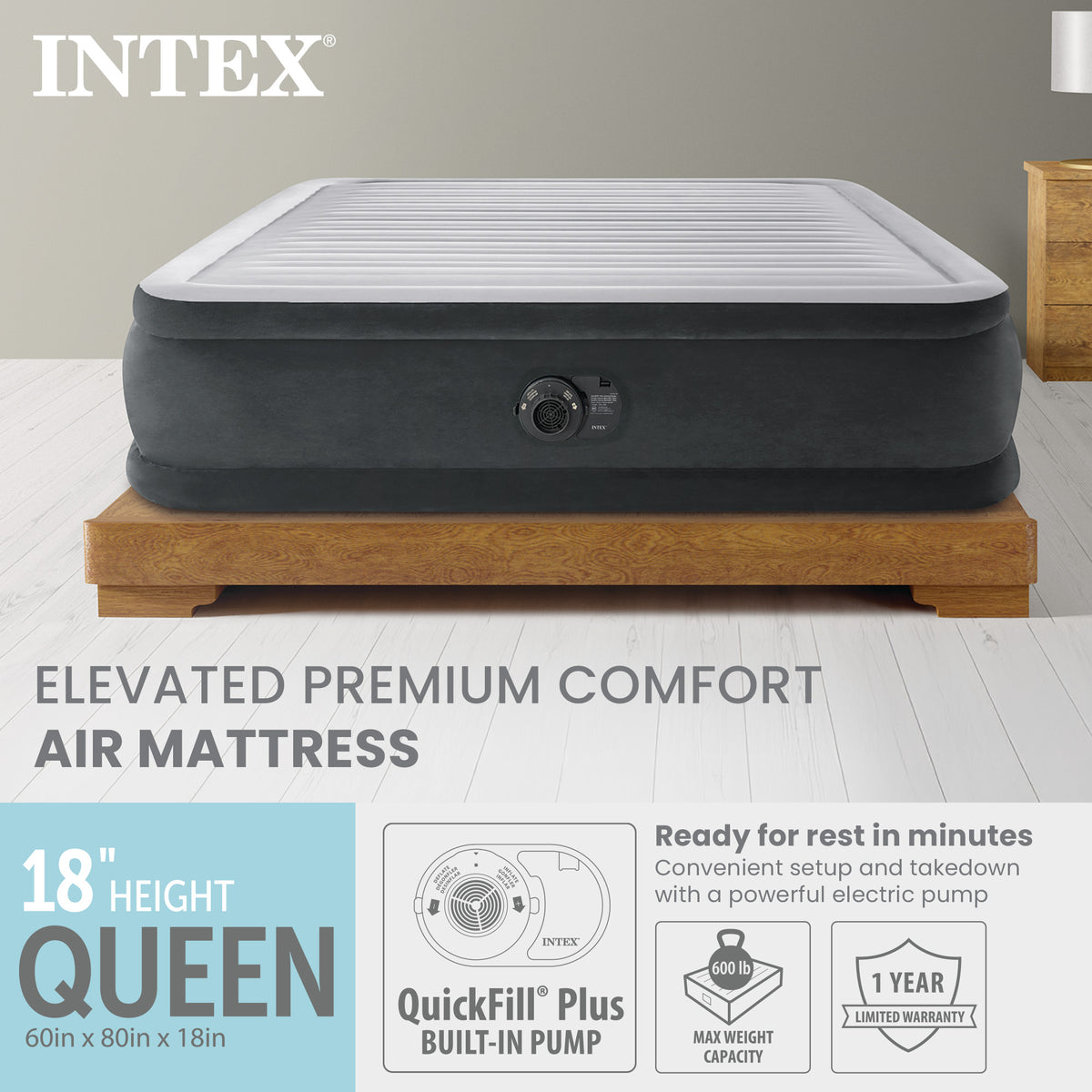 Intex Dura Beam Deluxe Pillow Raised Bed with Built In Pump, Queen Air Mattress