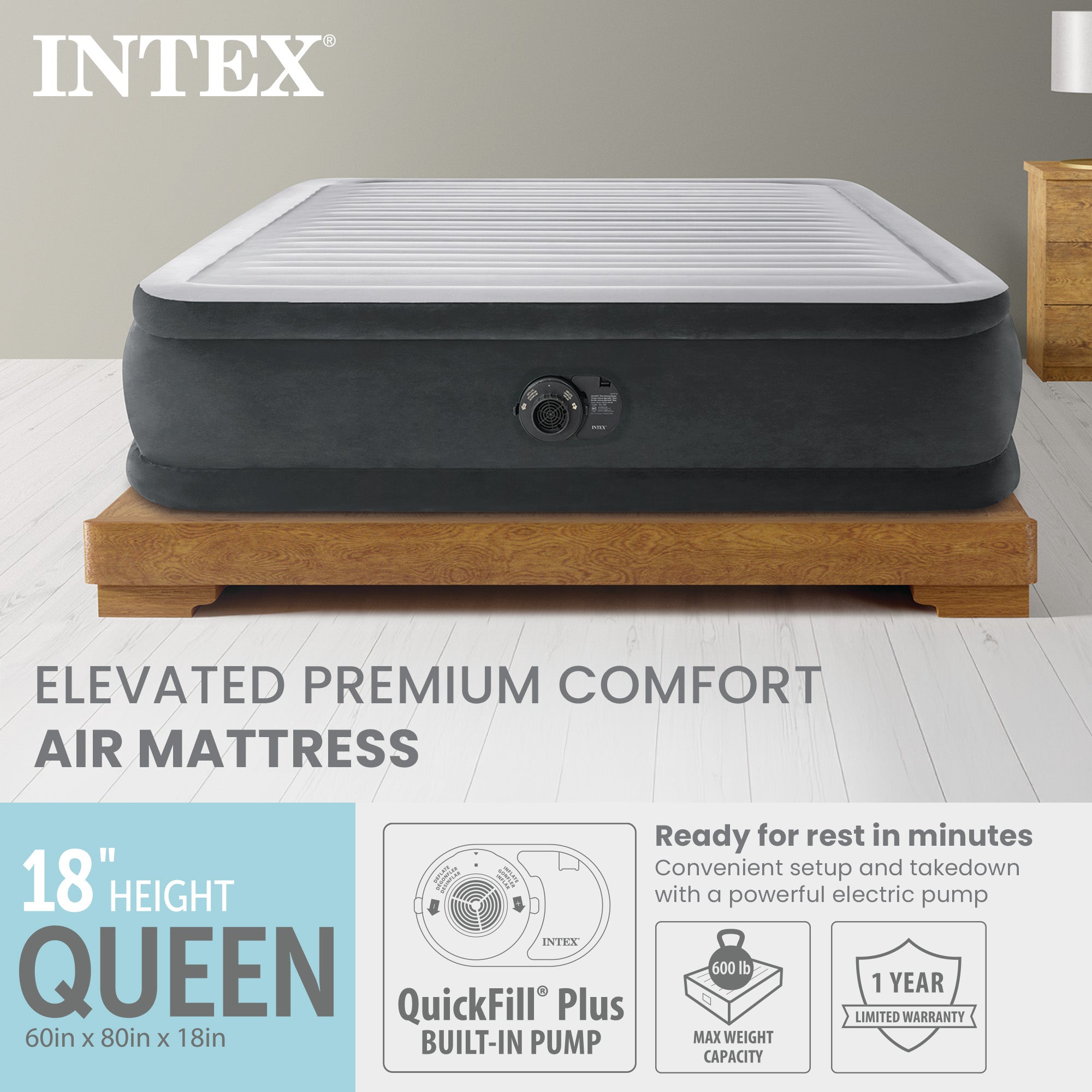 Intex Dura Beam Deluxe Pillow Raised Bed with Built In Pump, Queen Air Mattress