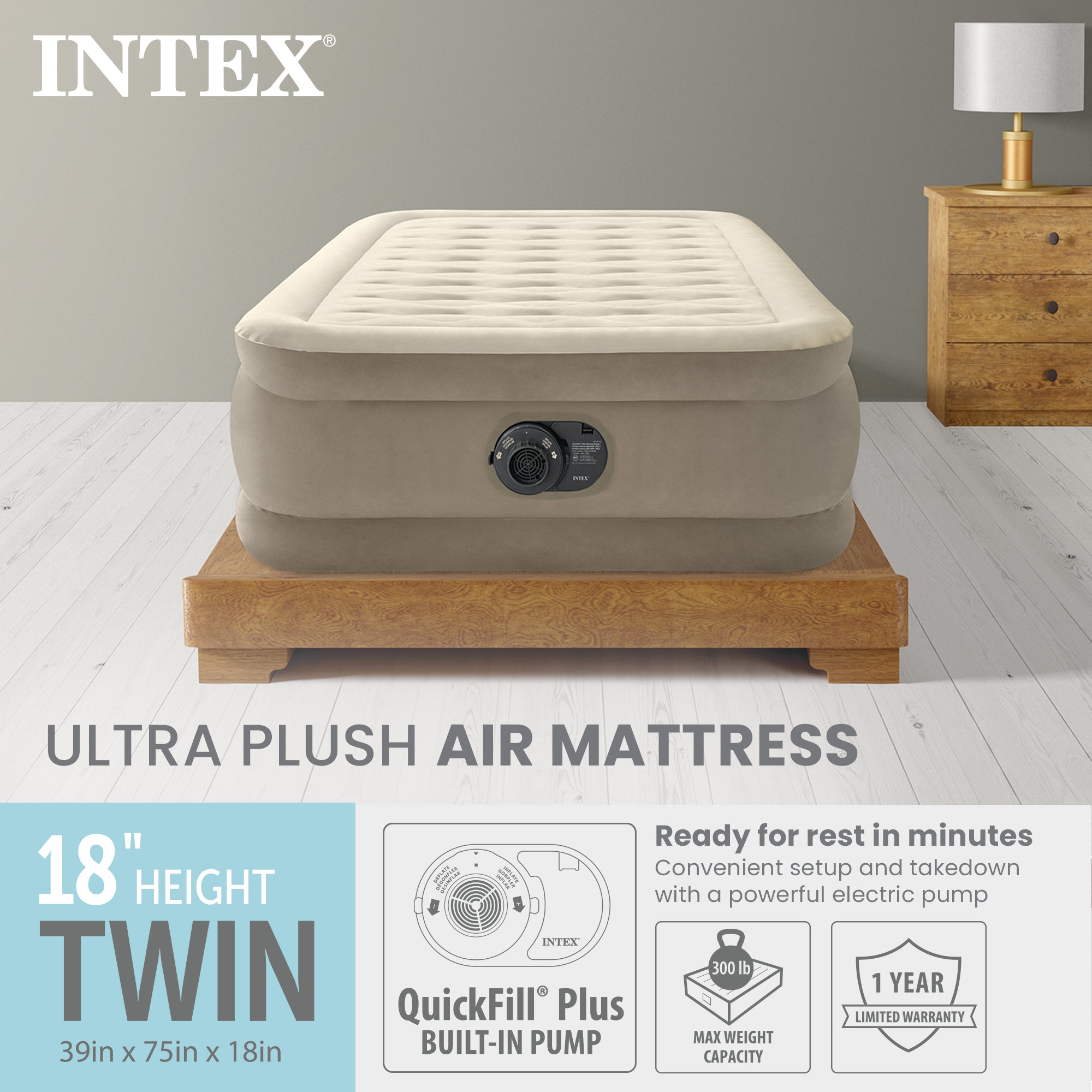 Intex 64425ED Plush Fiber Tech Airbed Mattress with Built in Pump, Twin (Used) - VMInnovations