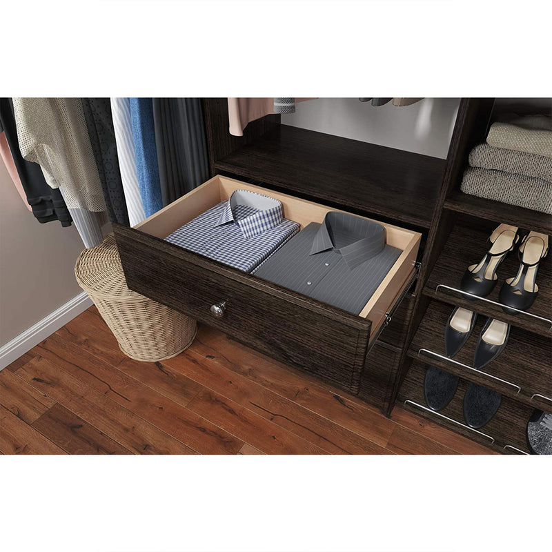 Easy Track Bedroom Closet Storage Organizer with Shelves and Drawers, Truffle