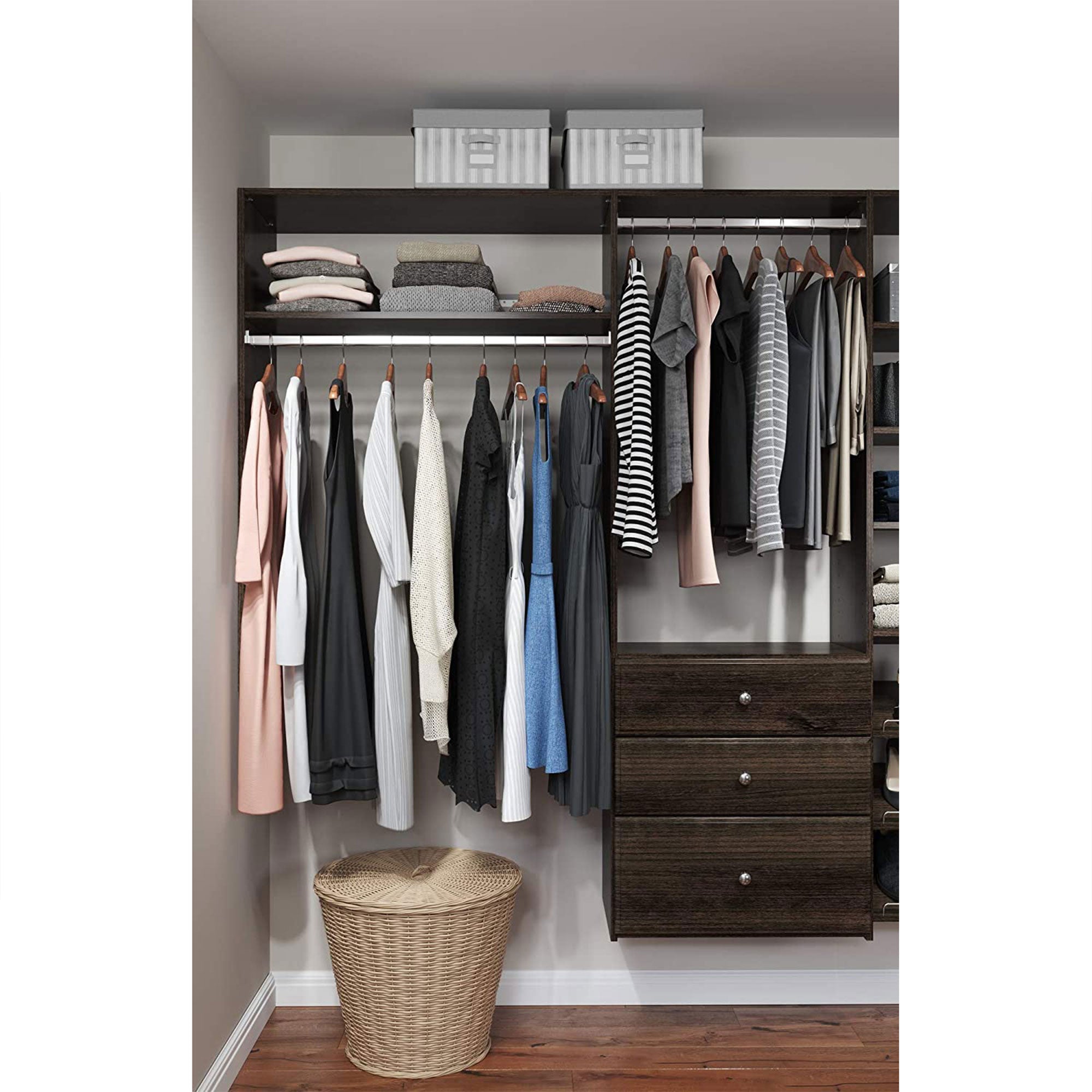 Easy Track Closet Storage Organizer with Shelves and Drawers, Truffle (Open Box)