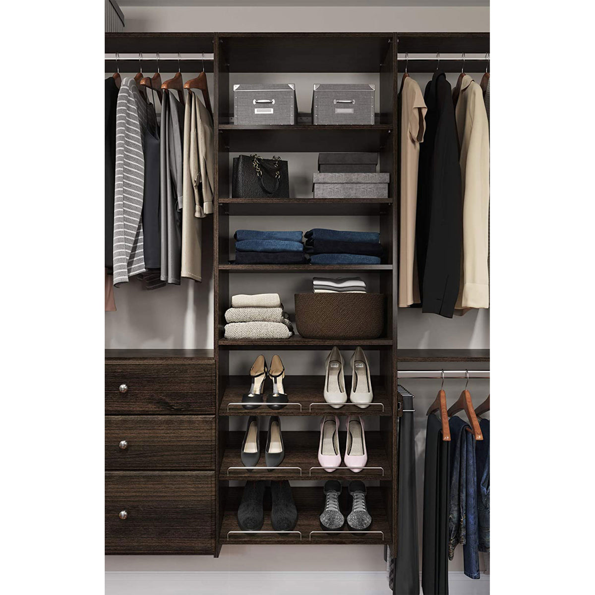 Easy Track Bedroom Closet Organizerw/ Shelves and Drawers, Truffle (For Parts)