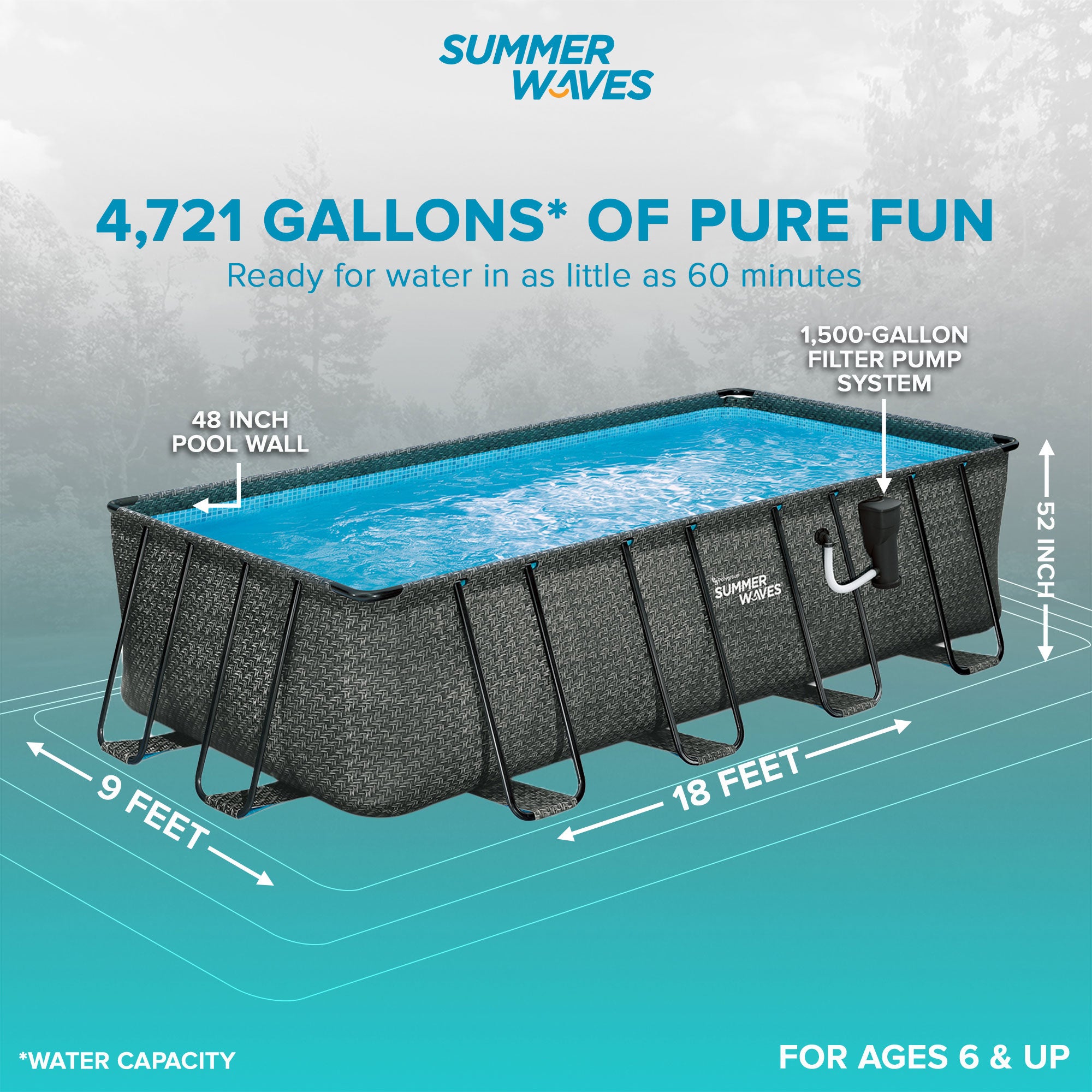 Summer Waves 18ft x 9ft x 52in Above Ground Rectangle Frame Swimming Pool Set