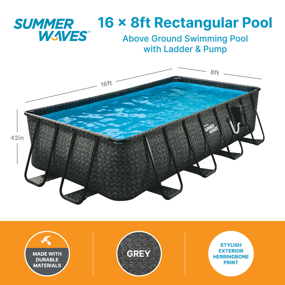 Summer Waves 16ft Long Dark Herringbone Elite Frame Outdoor Pool (Damaged) - VMInnovations