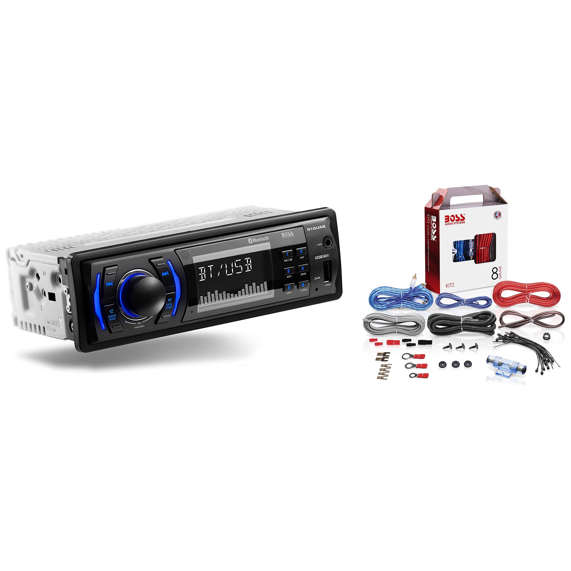Boss 616UAB Single Din Car Stereo Receiver Bundle with KIT2 Amplifier Wiring Kit - VMInnovations