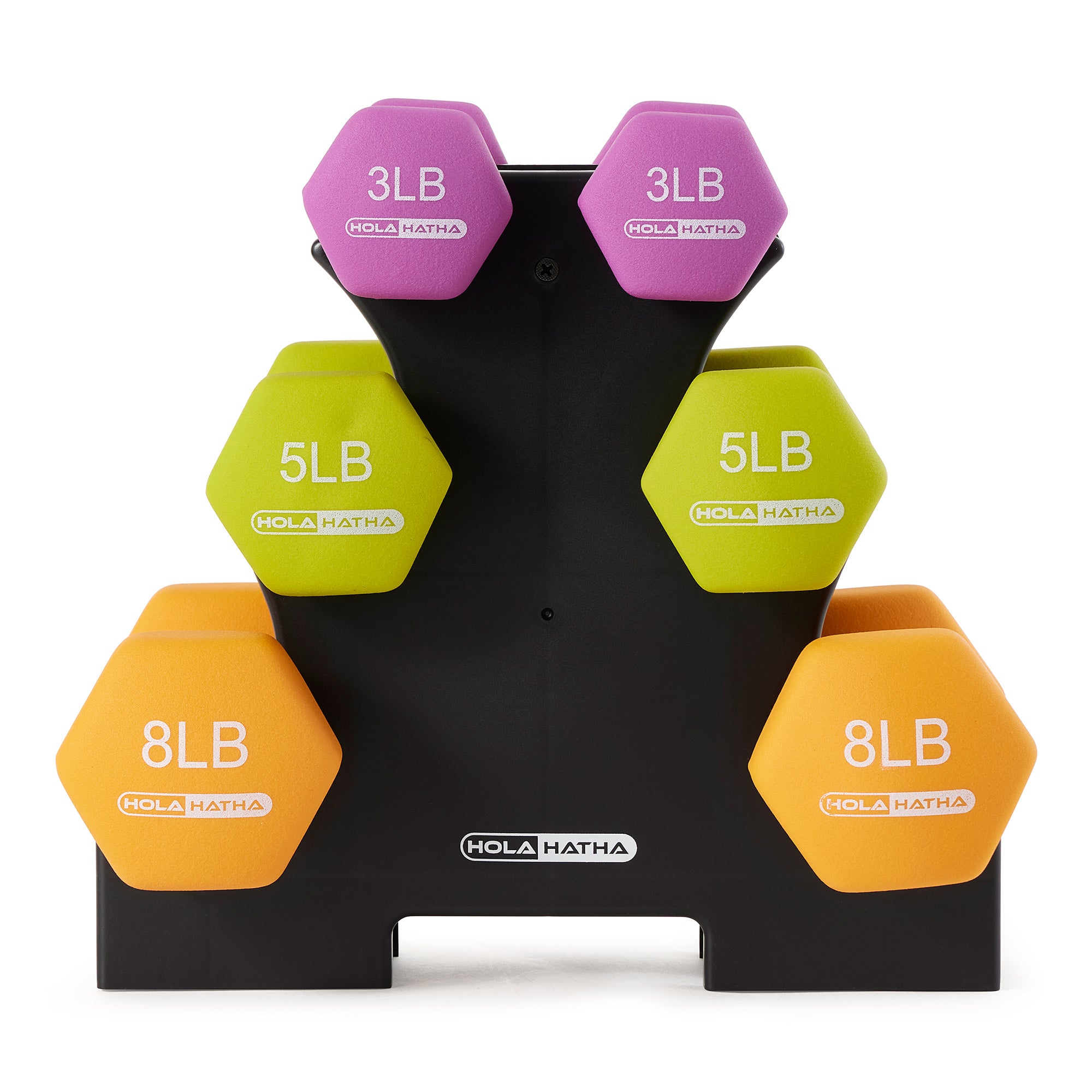 HolaHatha Dumbbell Weight Set w/ 3, 5 and 8 Pound Hand Weights and Rack (Used) - VMInnovations