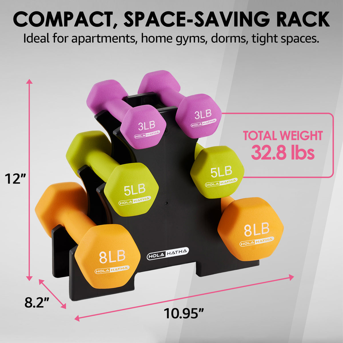 HolaHatha 3, 5 and 8 Pound Neoprene Dumbbell Strength Training Weights Set Rack