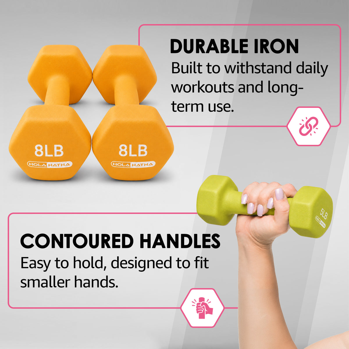 HolaHatha 3, 5 and 8 Pound Neoprene Dumbbell Strength Training Weights Set Rack