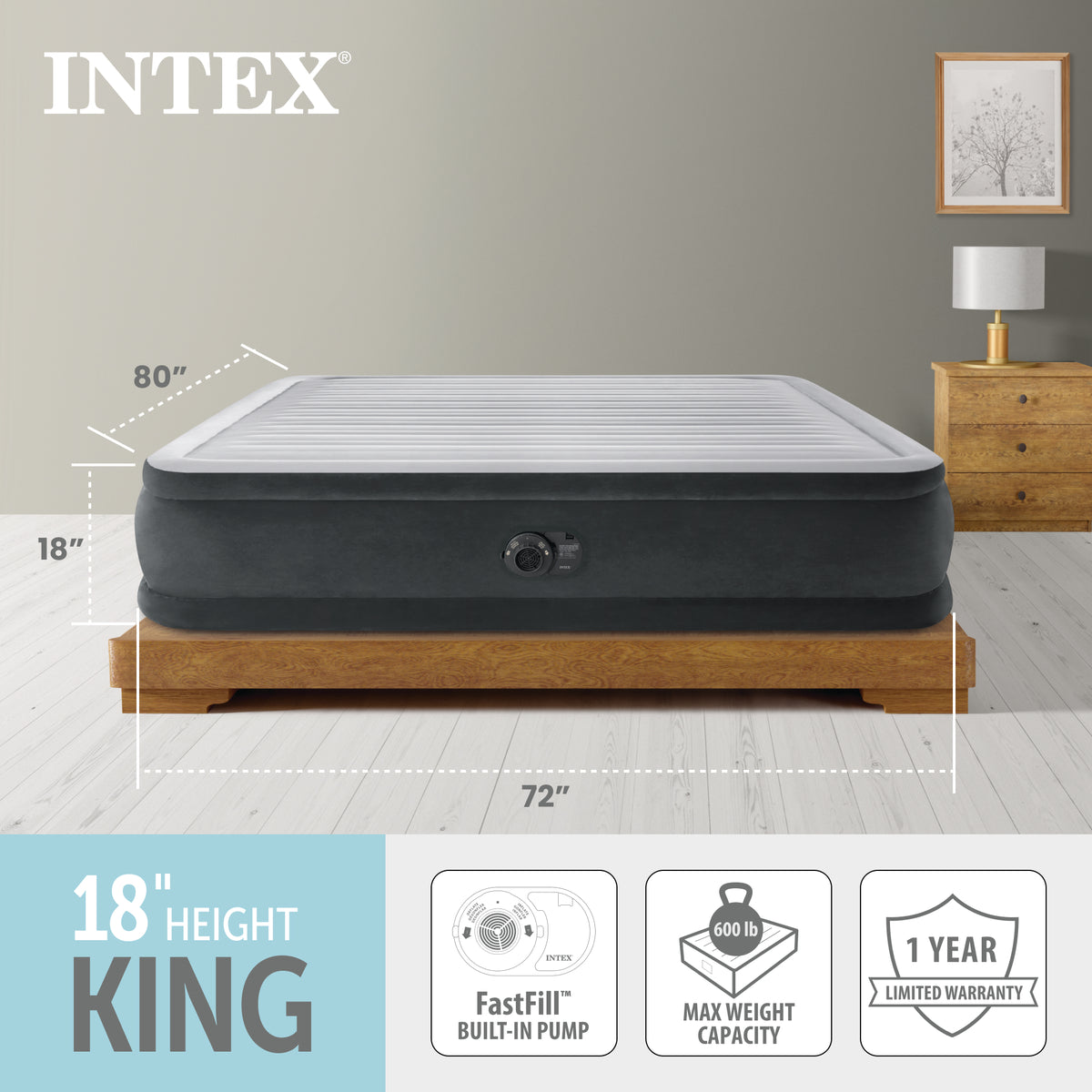 Intex 18" Inflatable Elevated Premium Comfort Airbed with Built-In Pump, King - VMInnovations