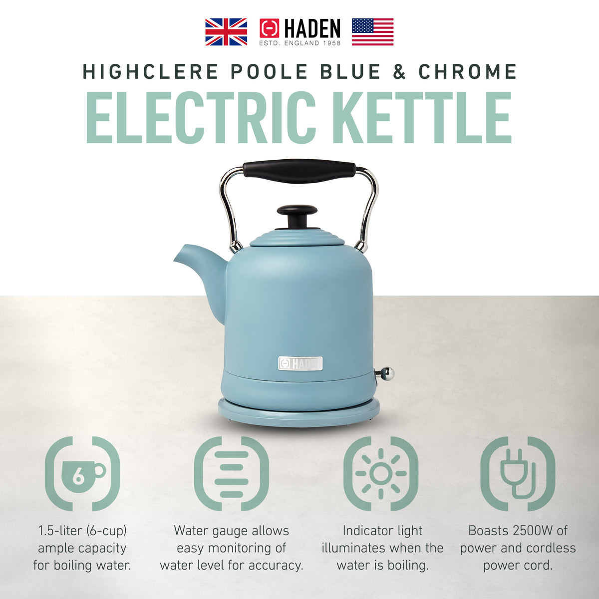 Haden Highclere 1.5 Liter Vintage Electric Tea Pot Kettle, Pool Blue (Open Box)