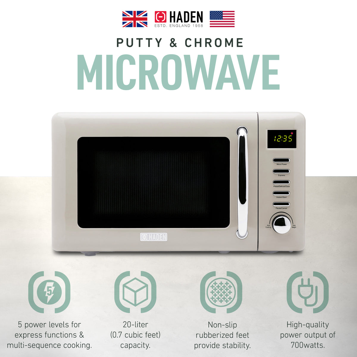 Haden 0.7 Cu Ft Compact Countertop Microwave, 700 Watts, Putty & Chrome