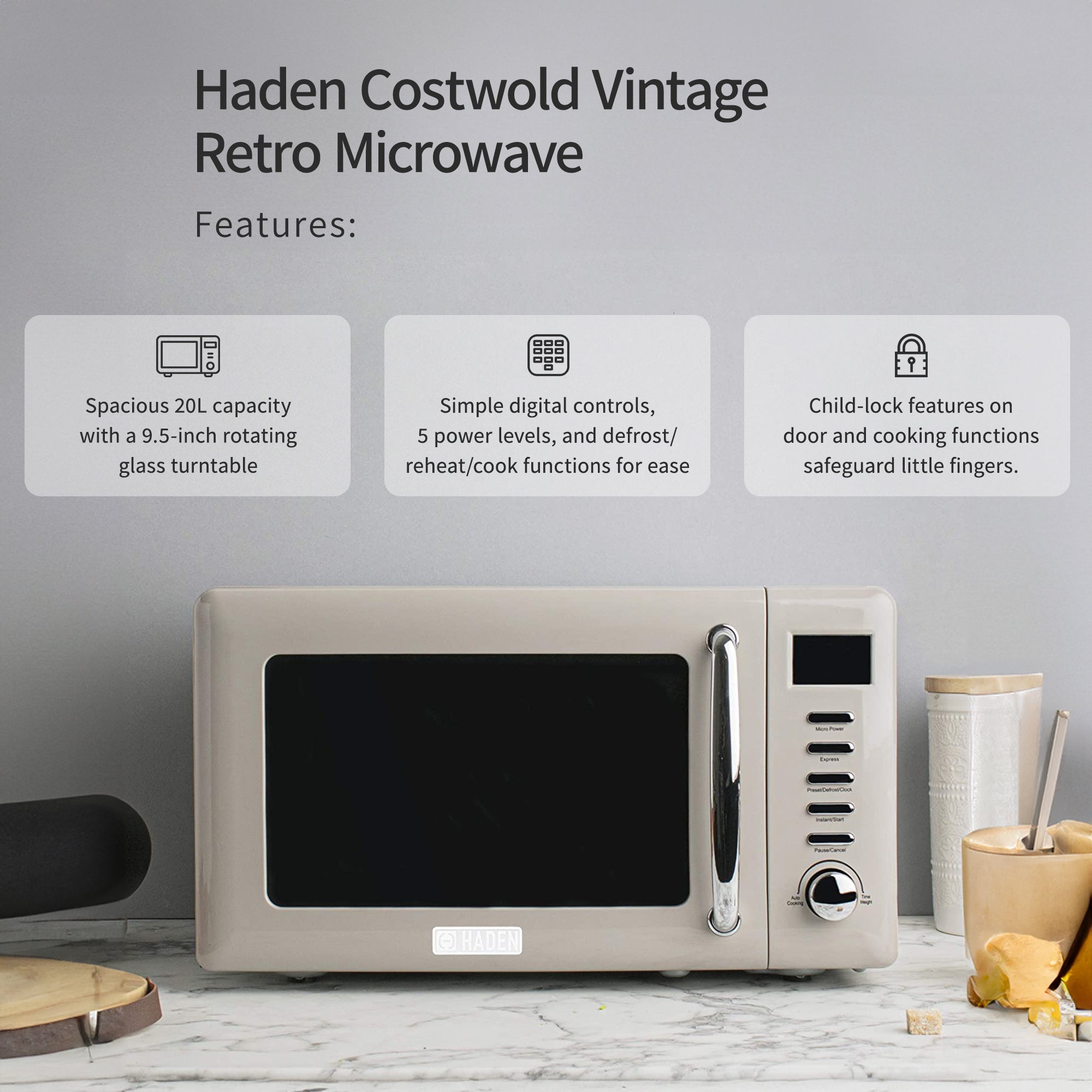 Haden Vintage Retro 0.7 Cu Ft 700W Countertop Microwave Oven, Putty (Used) - VMInnovations