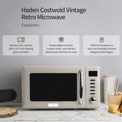 Haden Cotswold Vintage Retro 0.7 Cu Ft 700W Countertop Microwave Oven, Putty