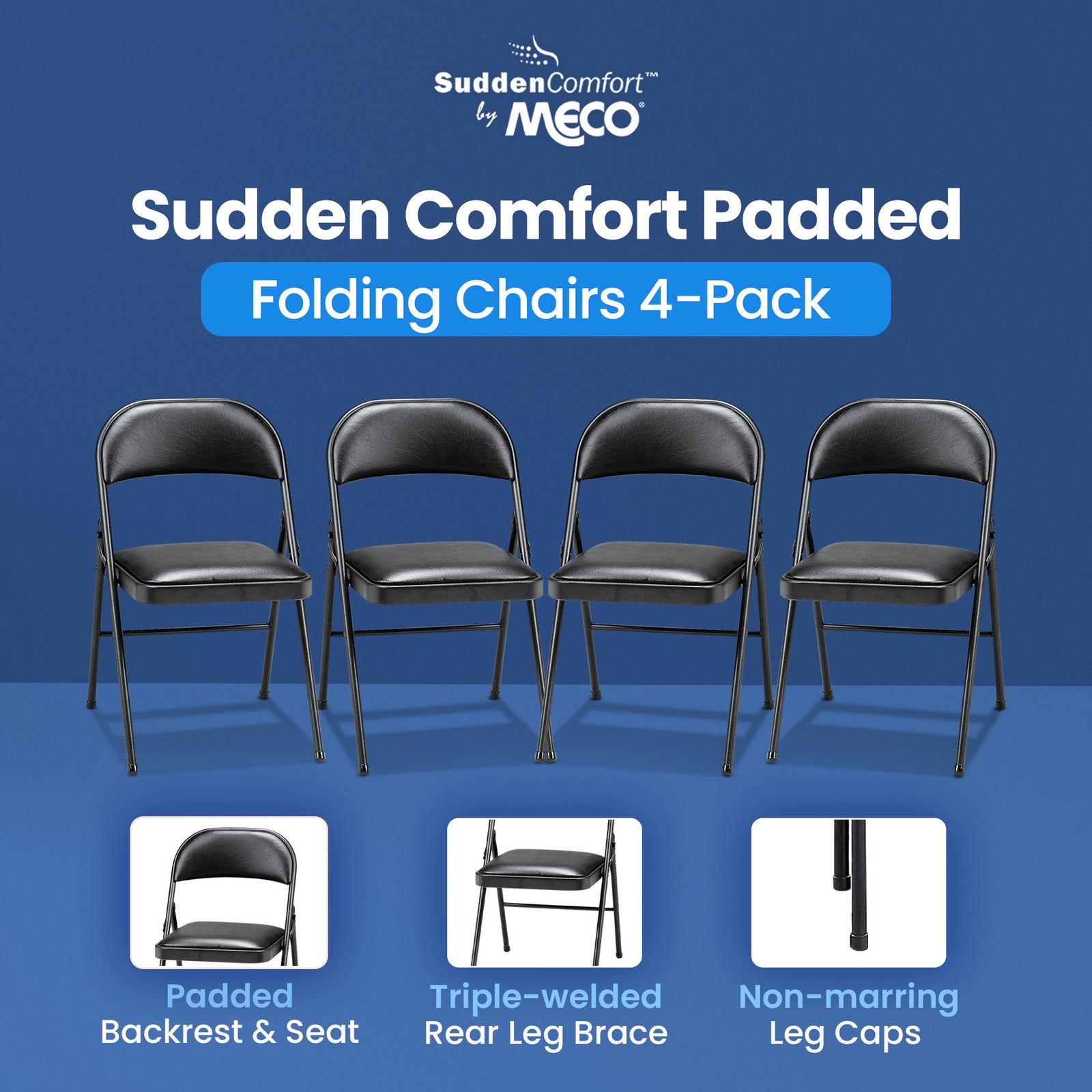MECO 4-Pack of Deluxe Vinyl Padded Folding Chairs with 16 x 16 Inch Seat, Black - VMInnovations