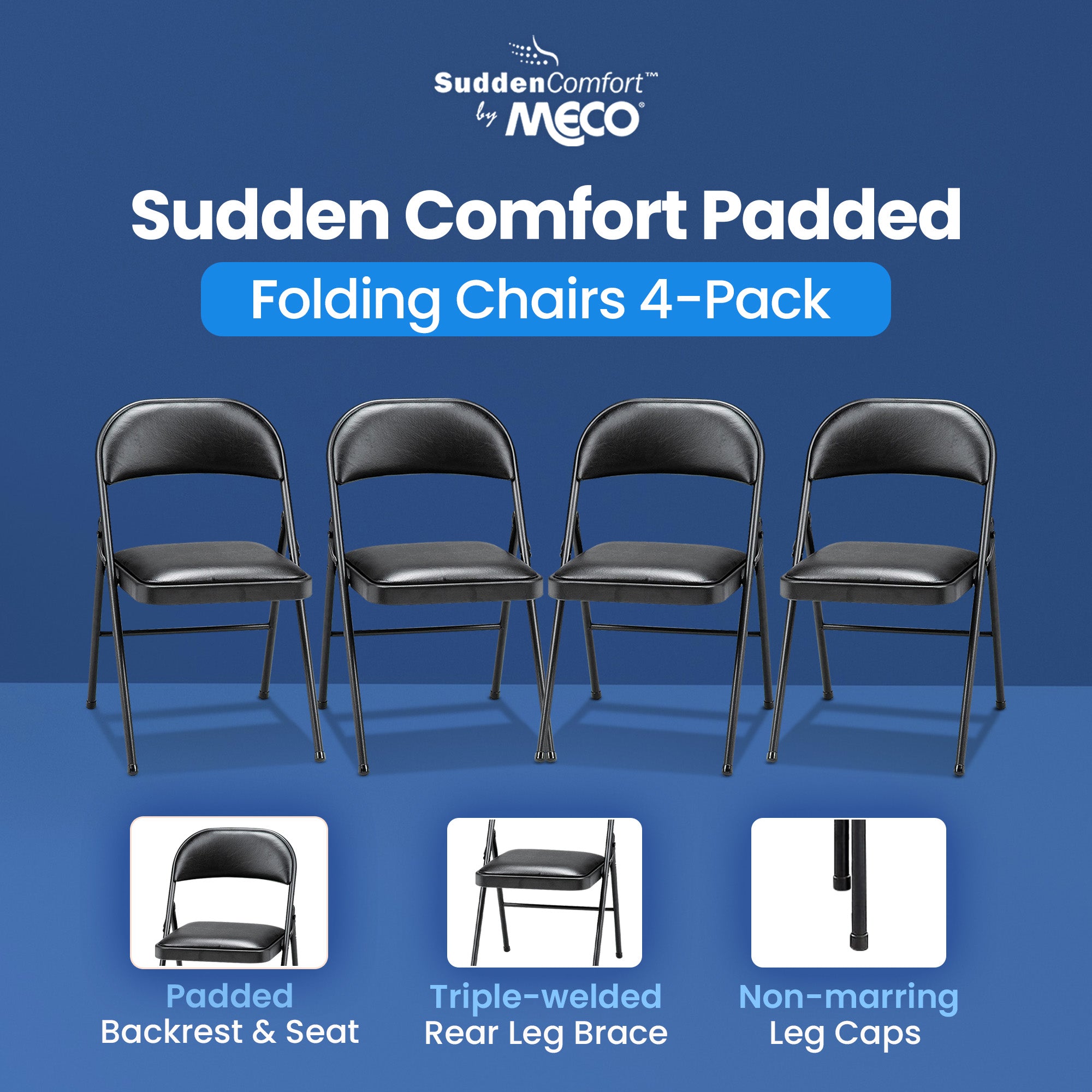 MECO 4-Pack of Deluxe Vinyl Padded Folding Chairs w/16'x16' Seat ,BLK(For Parts)