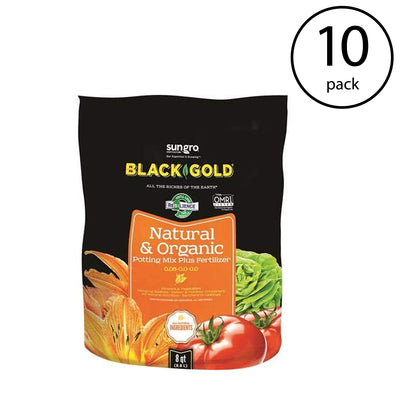 SunGro Black Gold Natural Potting Soil Fertilizer Mix, 8 Quart Bag (10 Pack)
