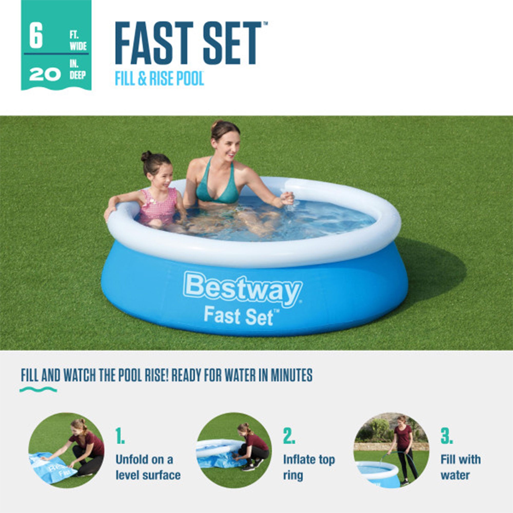 Bestway Fast Set 6 Ft x 20 In Outdoor Inflatable Swimming Pool Set (Open Box) - VMInnovations