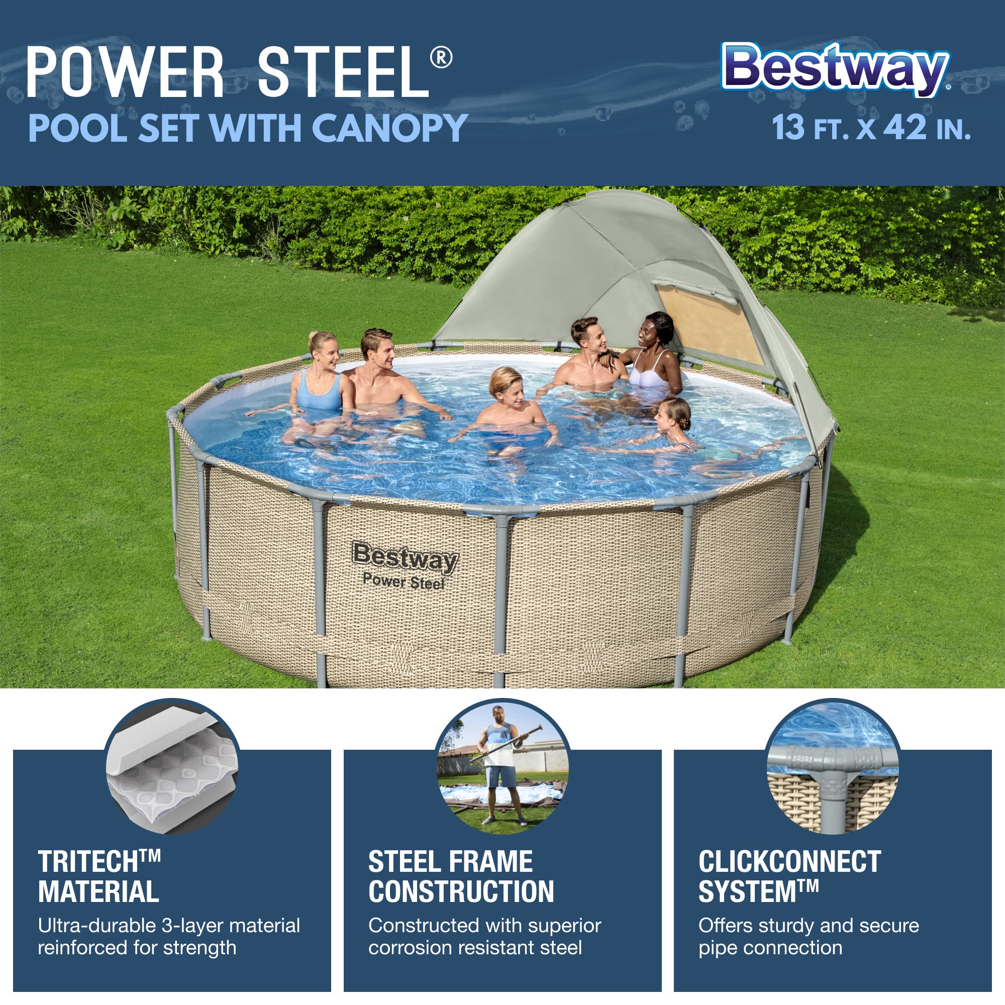 Bestway 13' x 42" Power Steel Frame Above Ground Swimming Pool Set with Canopy (Refurbished)