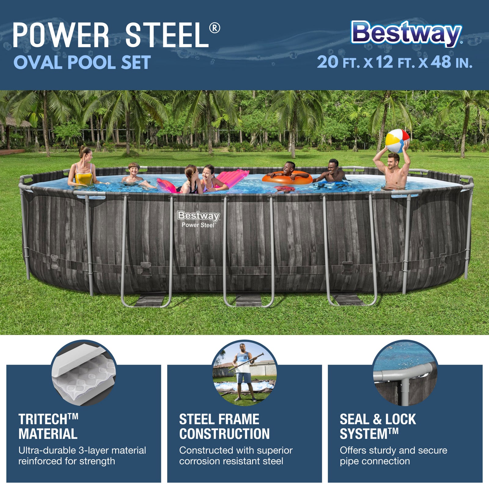 Bestway Power Steel 20' x 12' x 48" Oval Above Ground Outdoor Swimming Pool Set - VMInnovations