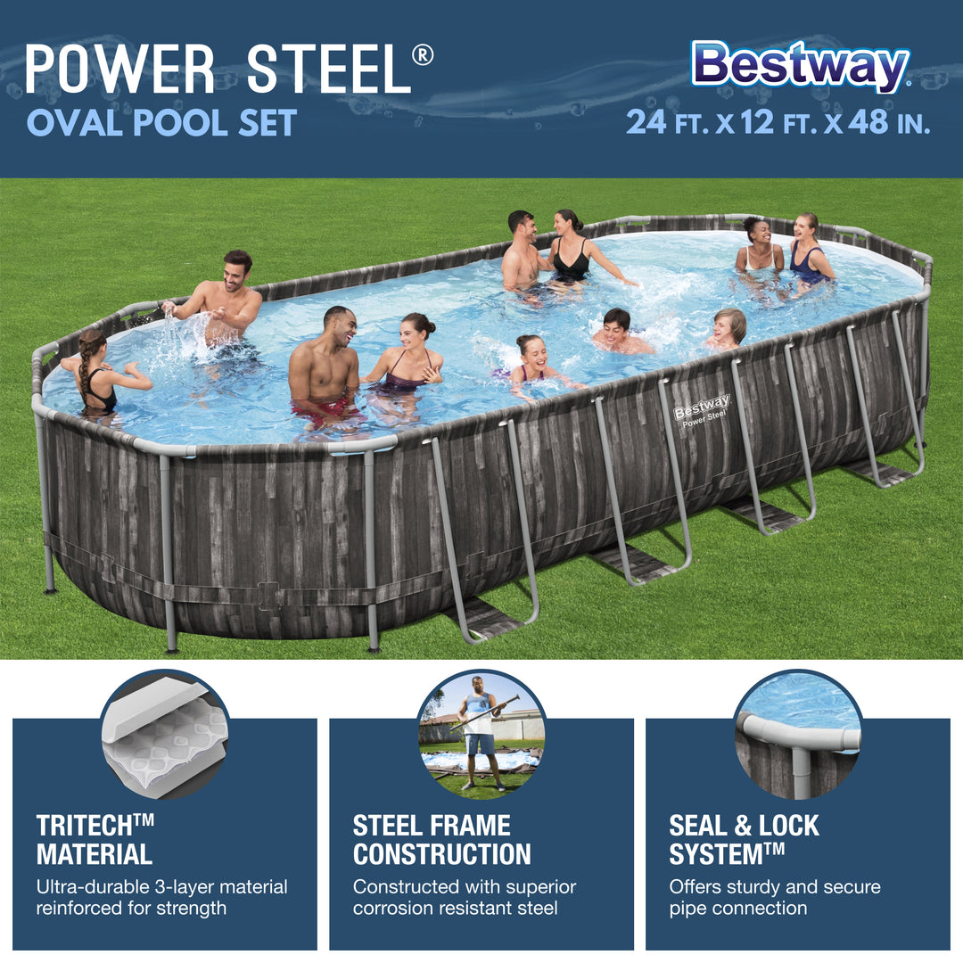 Bestway Power Steel 24' x 12' x 48" Rectangular Above Ground Swimming Pool Set - VMInnovations