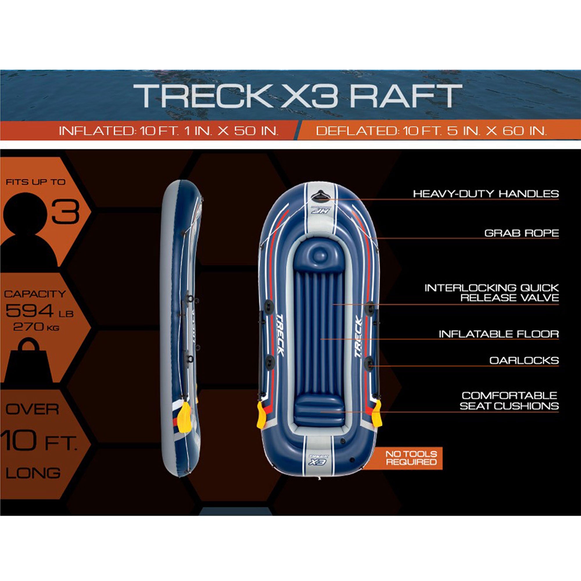 Bestway Hydro Force Treck X3 Heavy Duty 3 Person Water Raft Set (Open Box) - VMInnovations