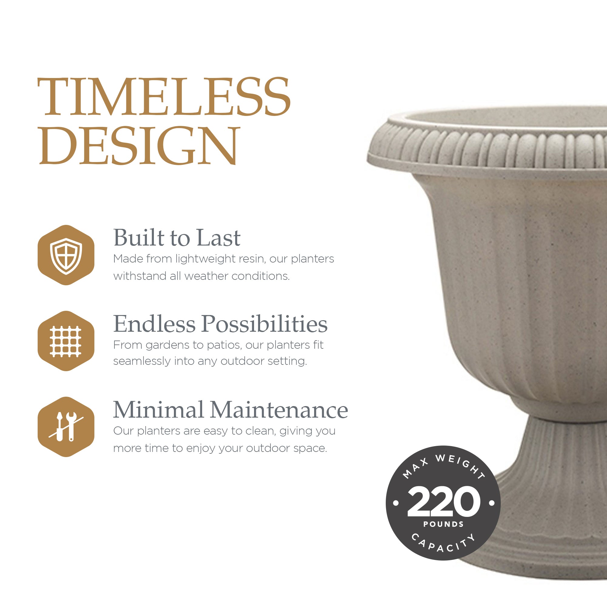 Southern Patio (2 Pack) 14" Outdoor Lightweight Resin Utopian Urn Planter, Stone
