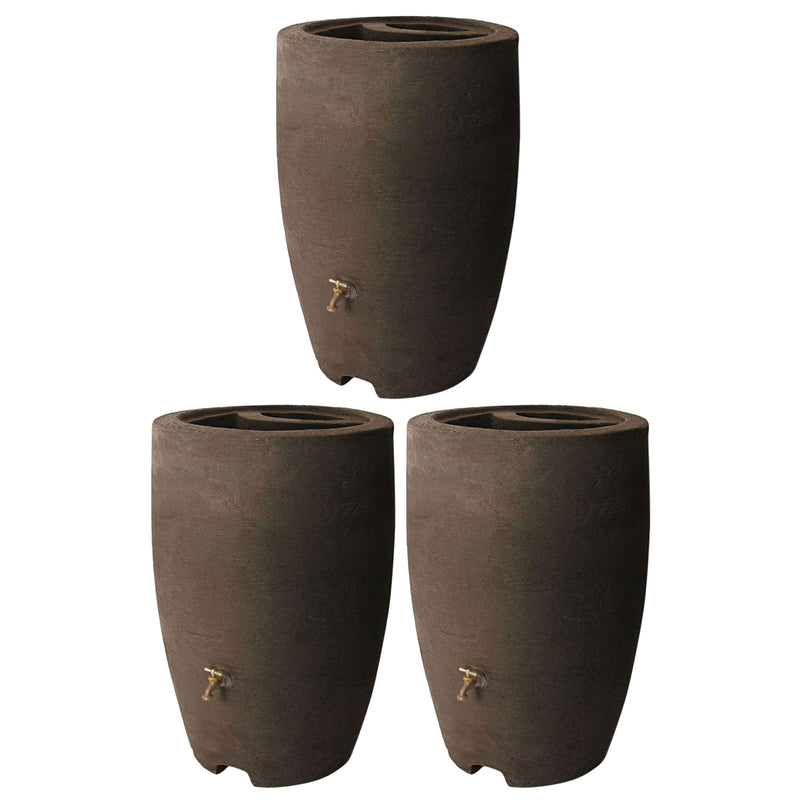 Algreen Athena 50 Gallon Plastic Rain Water Collection Drum, Brownstone (3 Pack)