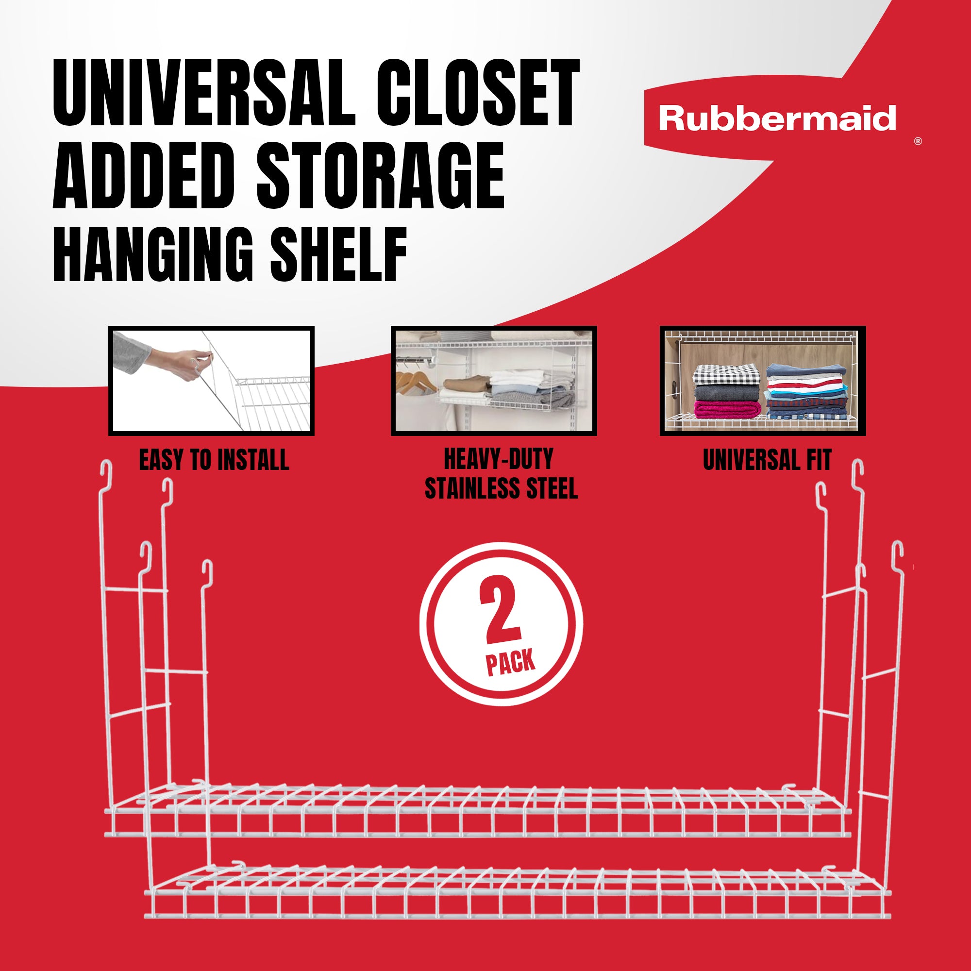 Rubbermaid 24" Universal Closet Steel Wire Added Storage Hanging Shelf (2 Pack) - VMInnovations