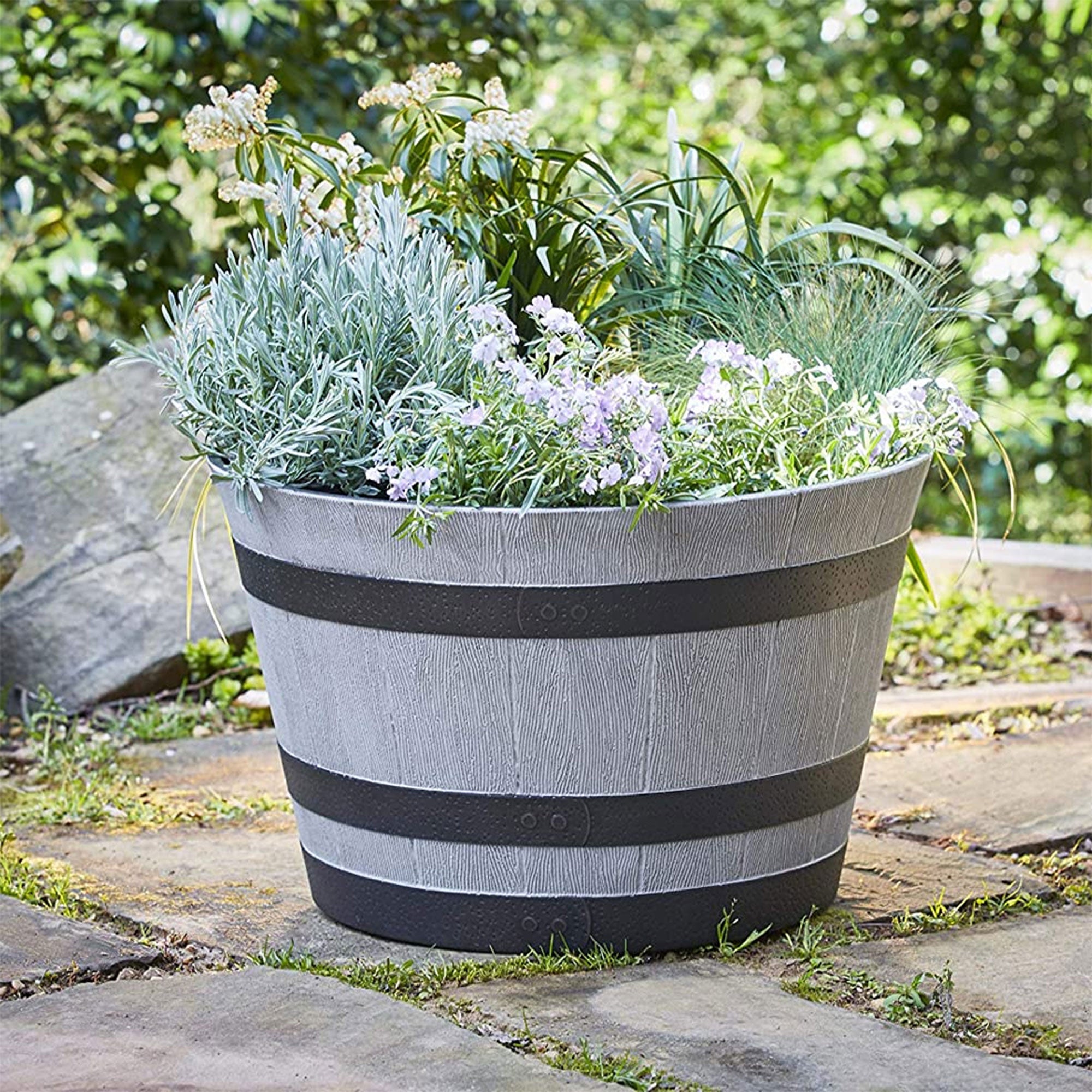 Southern Patio Resin Whiskey Barrel Outdoor Garden Planter Pot, Gray (Open Box) - VMInnovations