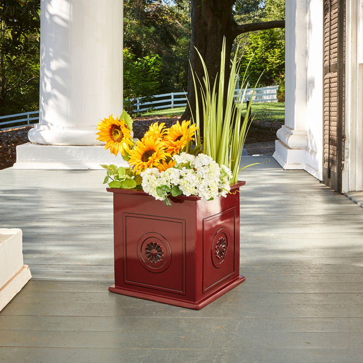 Southern Patio Colony 16 Inch Square Resin Outdoor Planter Urn, Oxblood Red - VMInnovations