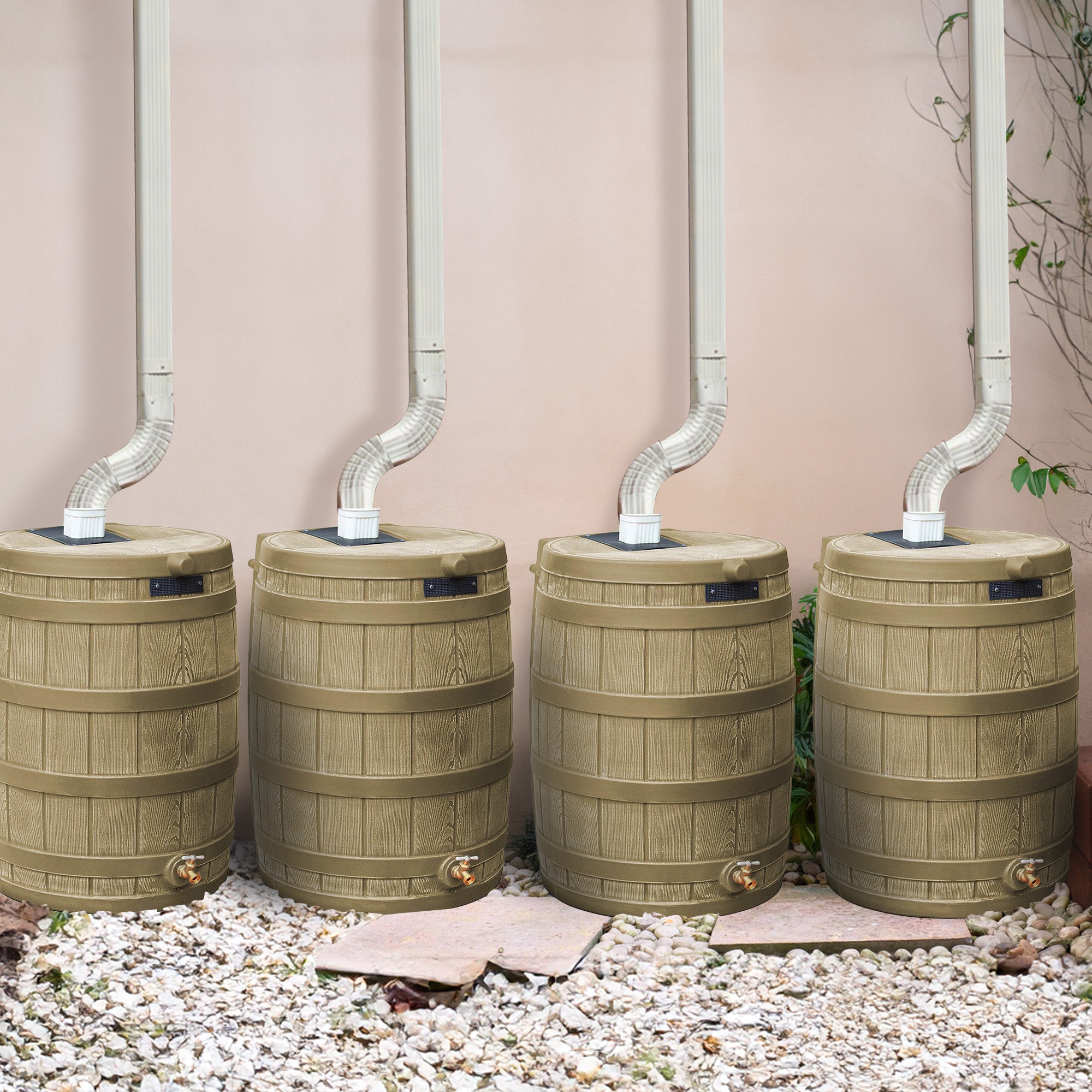 Good Ideas Rain Wizard 50 Gallon Plastic Barrel Water Collector, Khaki (4 Pack) - VMInnovations