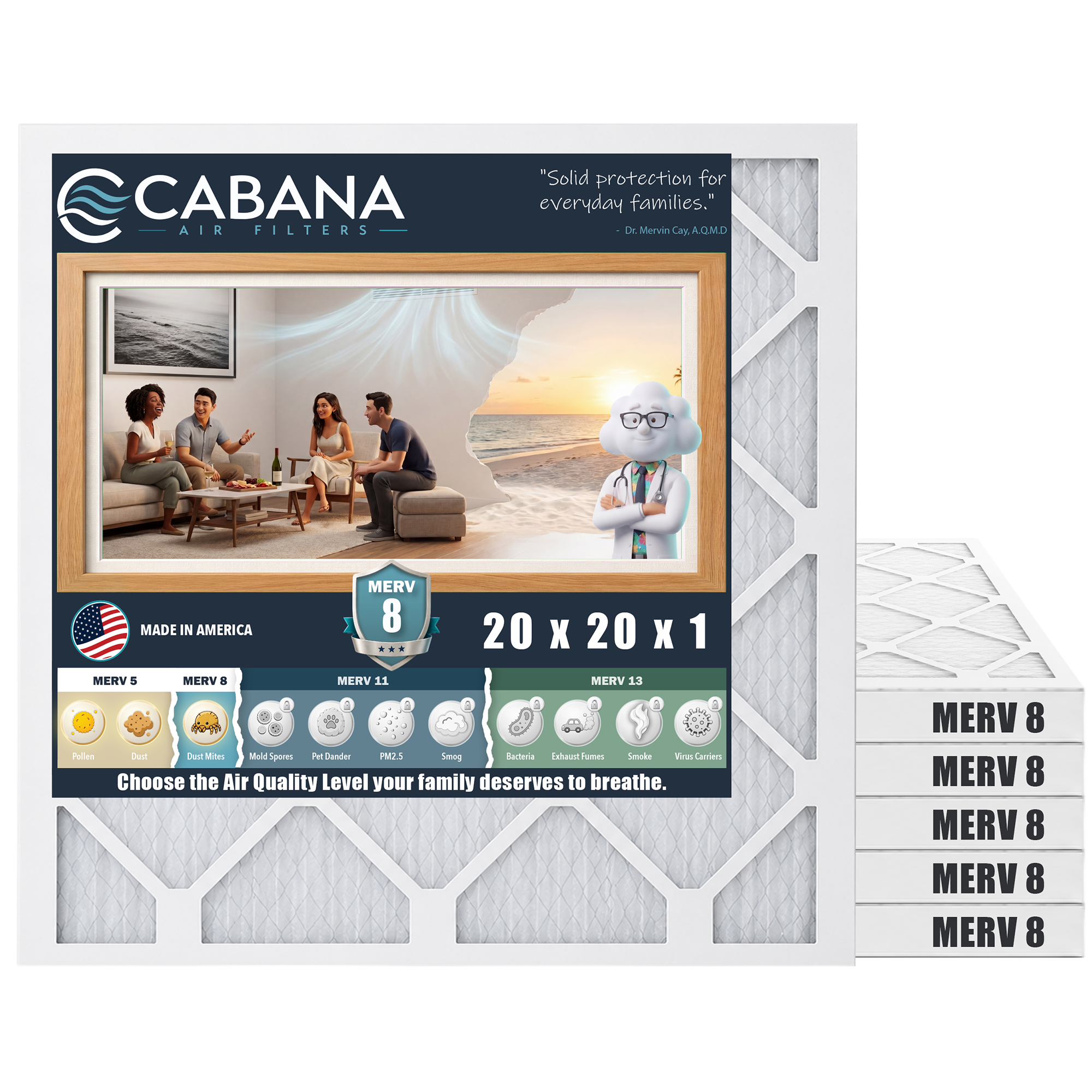 Cabana Air Filters 6 Pack HVAC Furnace Air Filters, MERV 8, 20 x 20 x 1, White