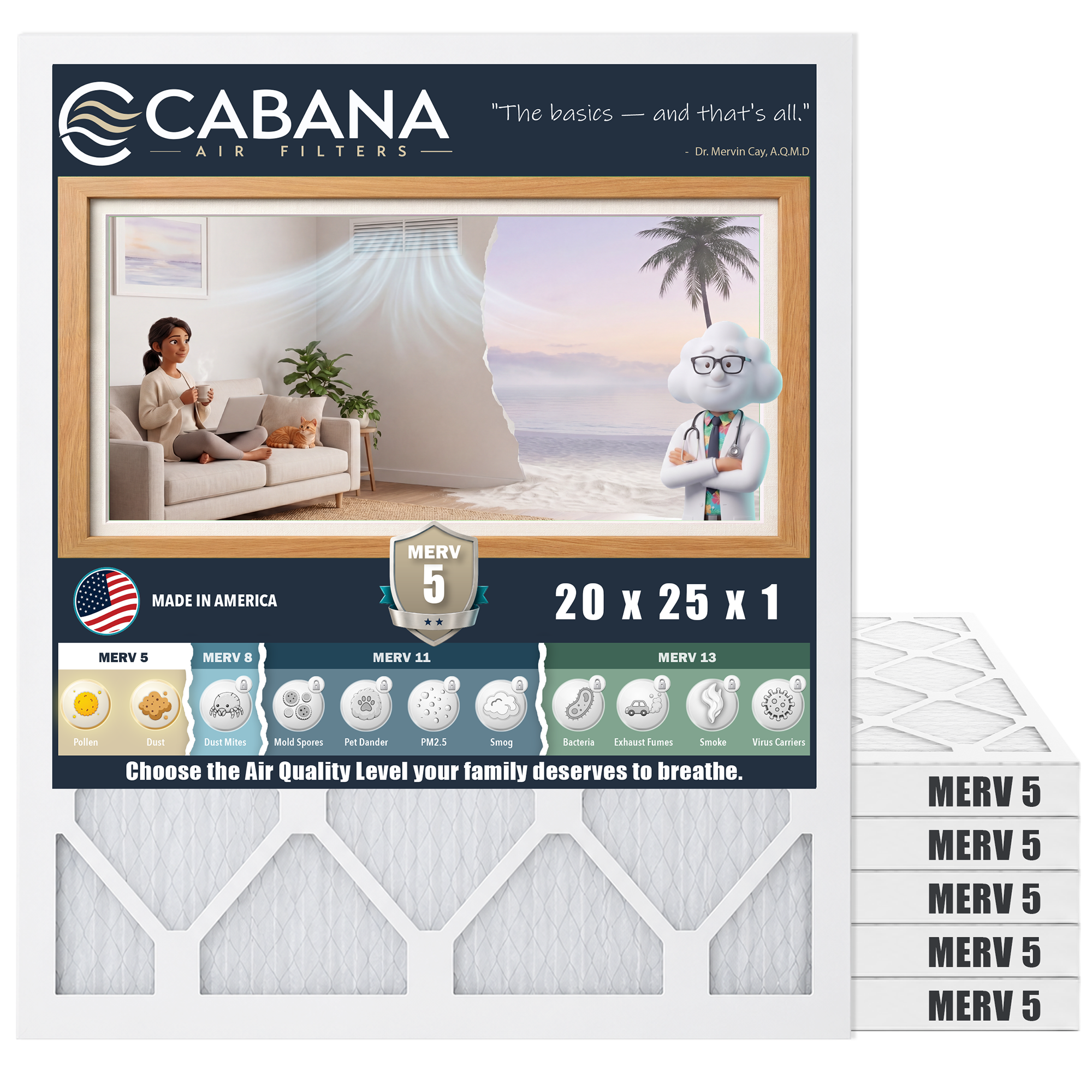 Cabana Air Filters 6 Pack HVAC Furnace Air Filters, MERV 5, 20 x 25 x 1, White