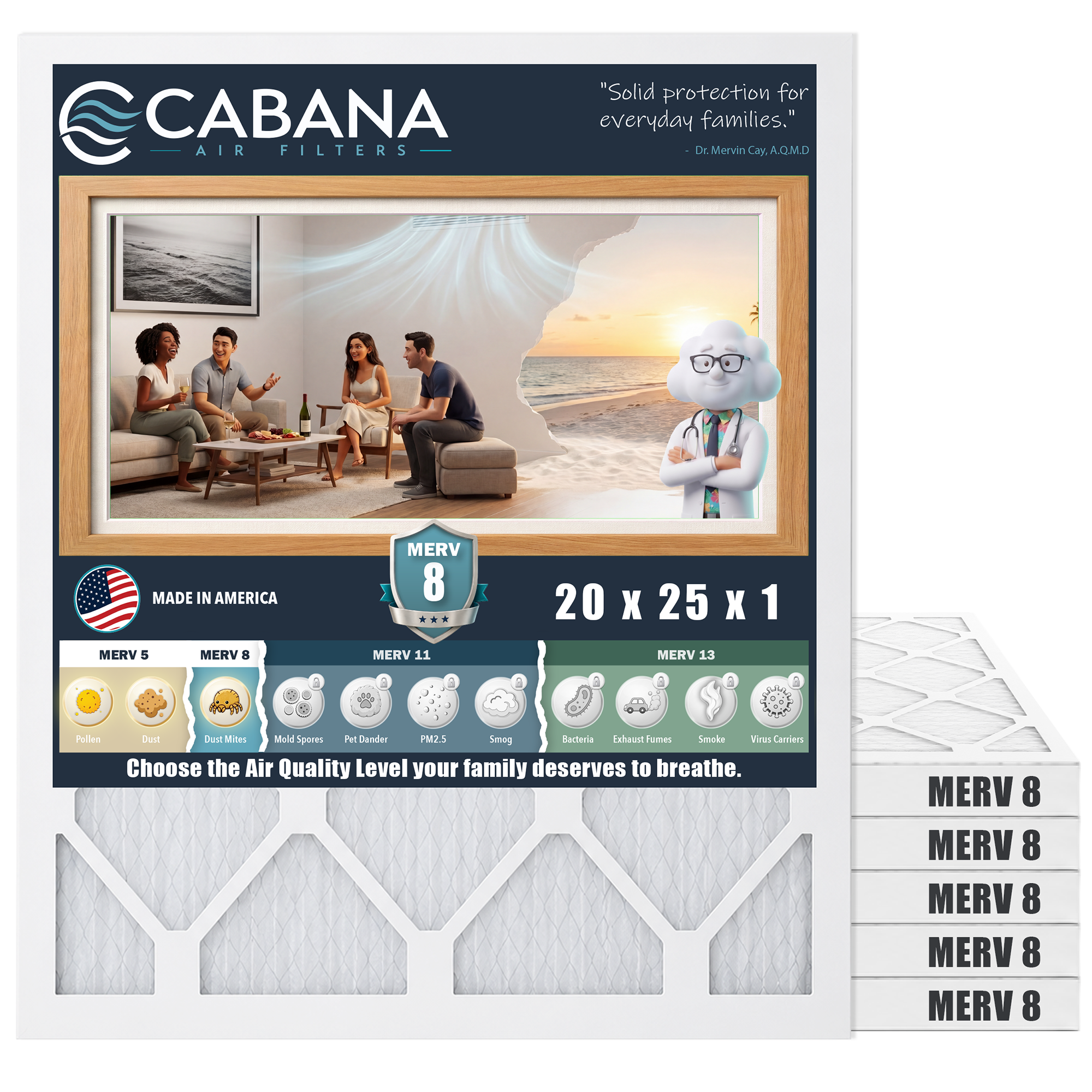 Cabana Air Filters 6pk HVAC Furnace Air Filters, MERV 8, 20 x 25 x 1, (Open Box)