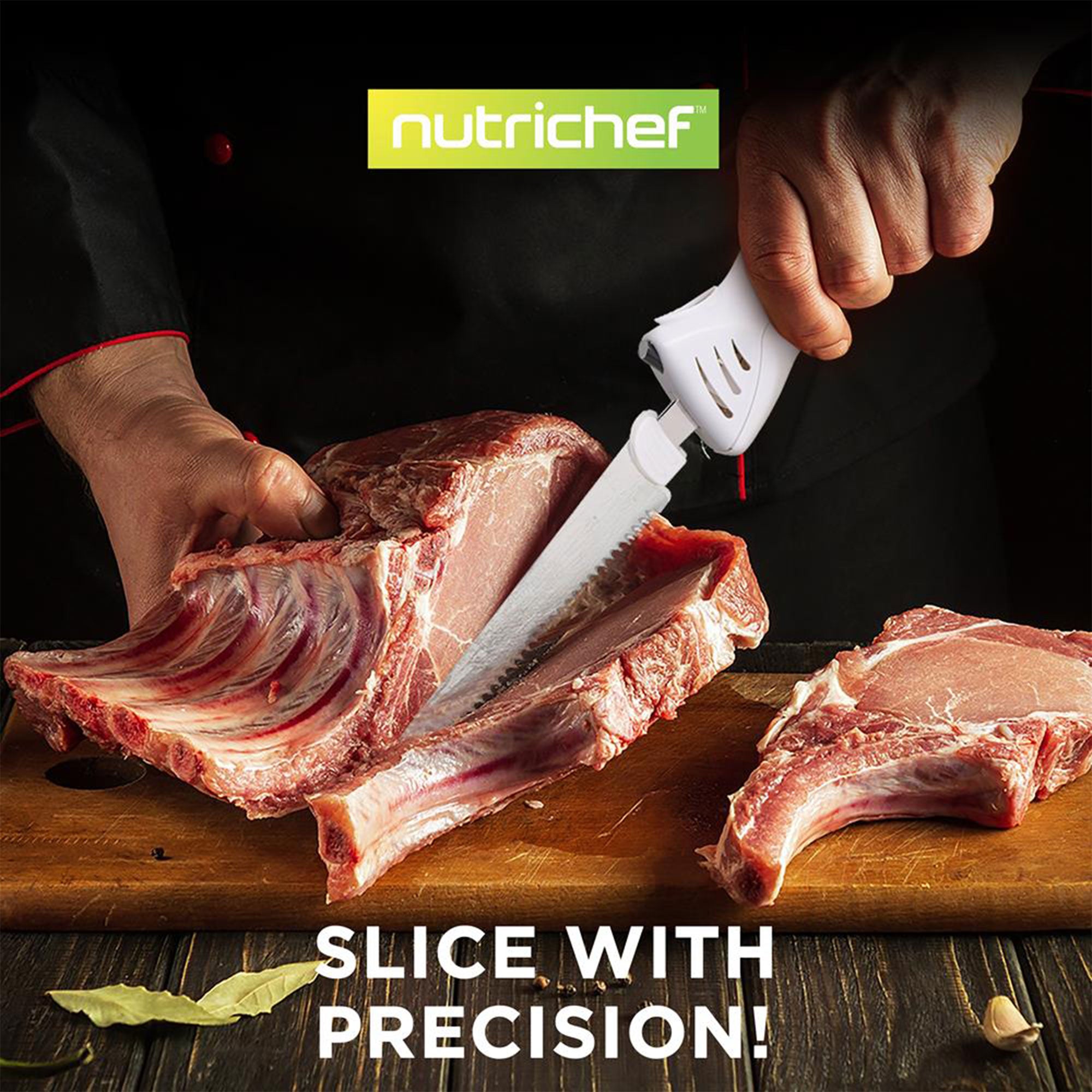 NutriChef 2 Blade Serrated Electric Knife w/ Butcher Block Storage Tray (Used) - VMInnovations