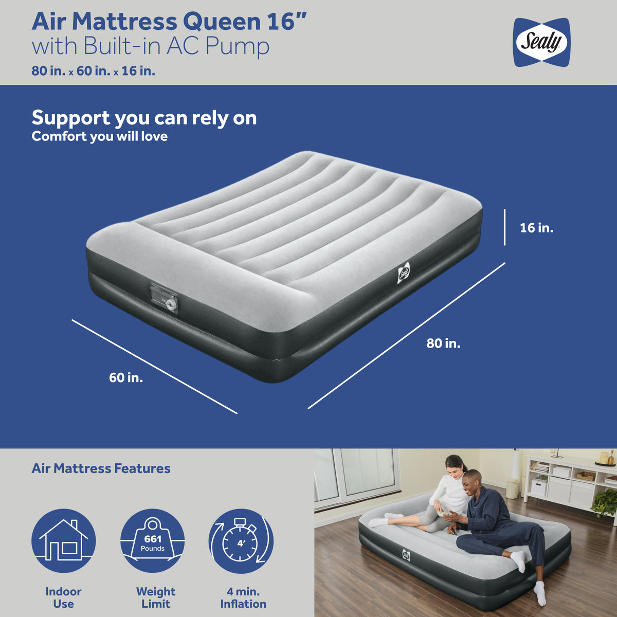Sealy 16" Inflatable Mattress Queen Airbed w/ Built-In AC Air Pump (Open Box)