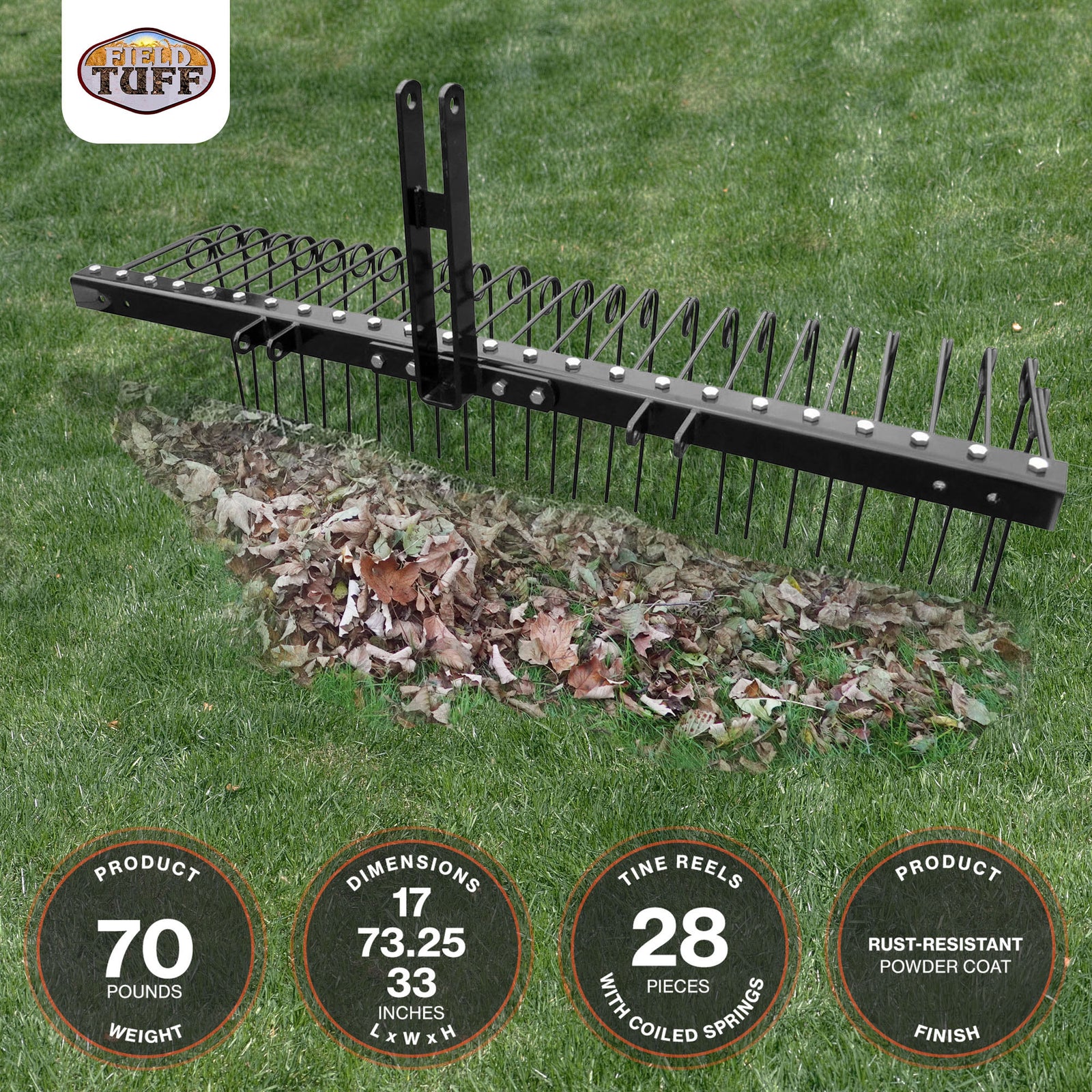 Field Tuff 3 Point 72 Inch Durable Powder Coated Steel Pine Straw Rake, Black - VMInnovations