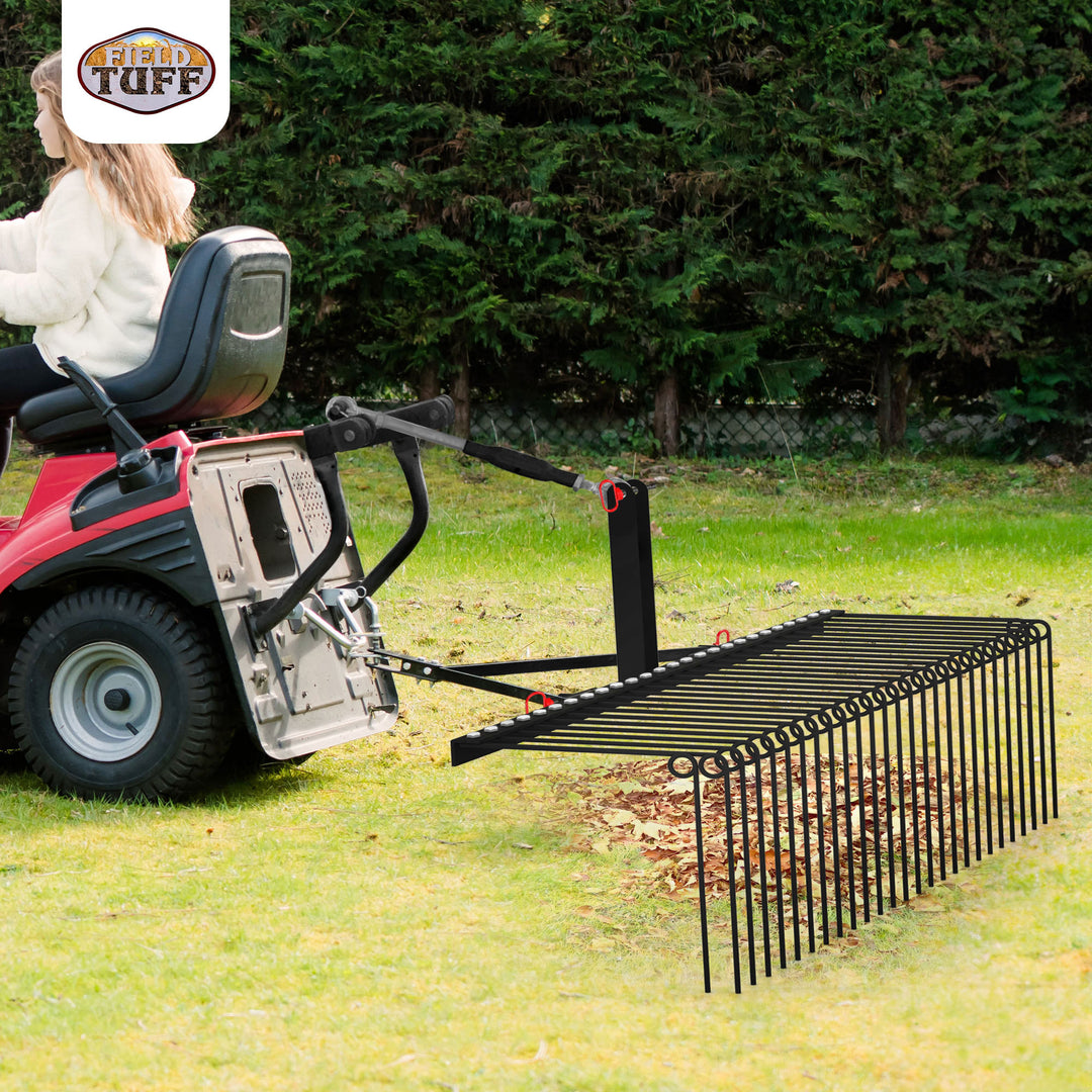 Field Tuff 3 Point 72 Inch Durable Powder Coated Steel Pine Straw Rake, Black - VMInnovations