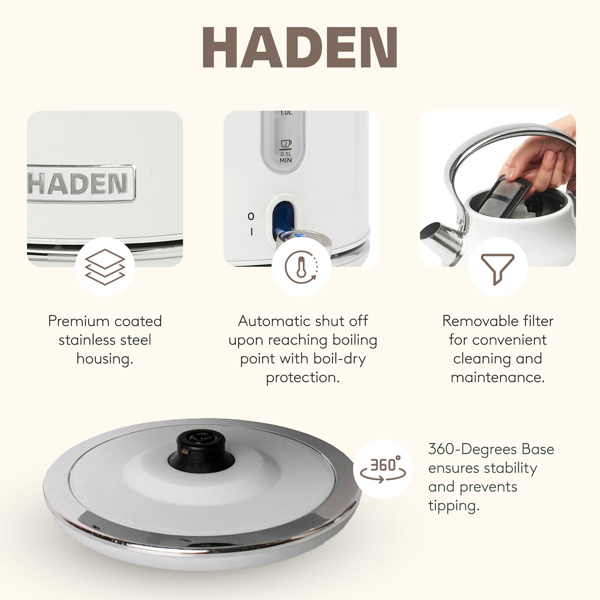 Haden Heritage 1.7 Liter Electric Tea Kettle & 4 Slice Wide Slot Toaster, White - VMInnovations