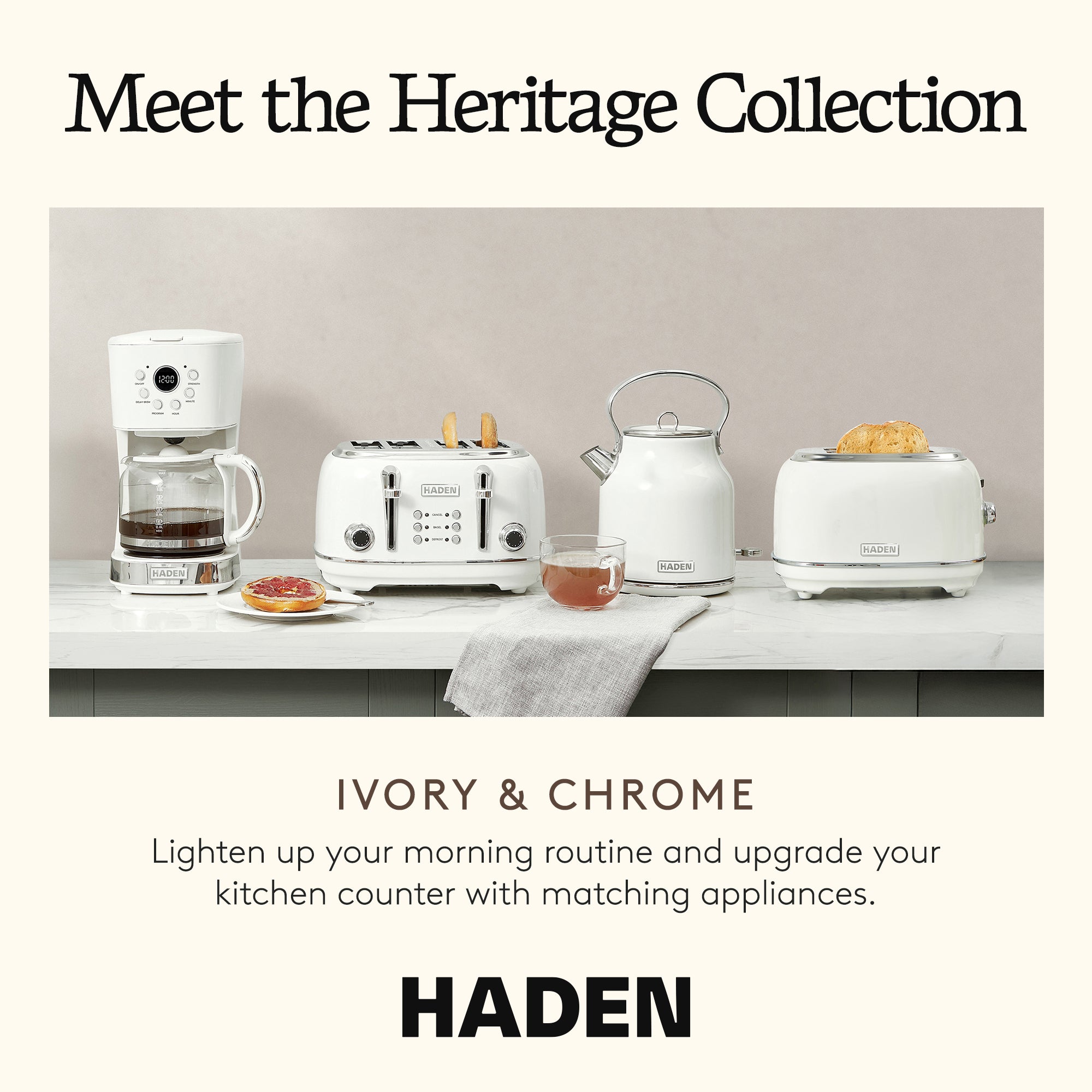 Haden Heritage 1.7 Liter Electric Tea Kettle & 4 Slice Wide Slot Toaster, White