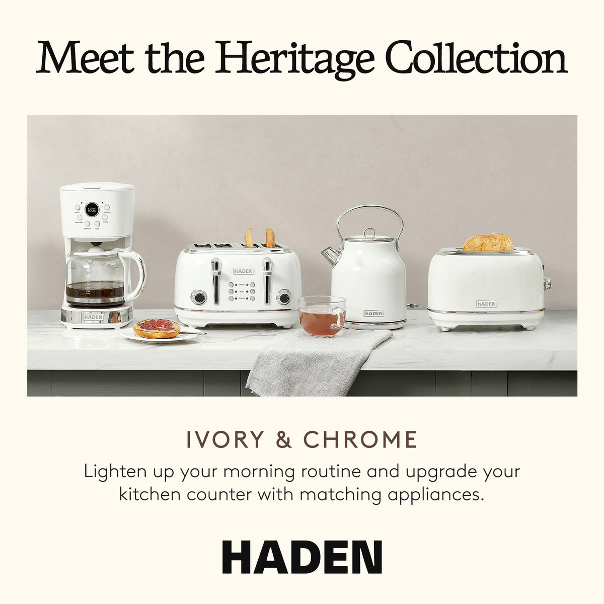 Haden Heritage 1.7 Liter Electric Tea Kettle & 4 Slice Wide Slot Toaster, White