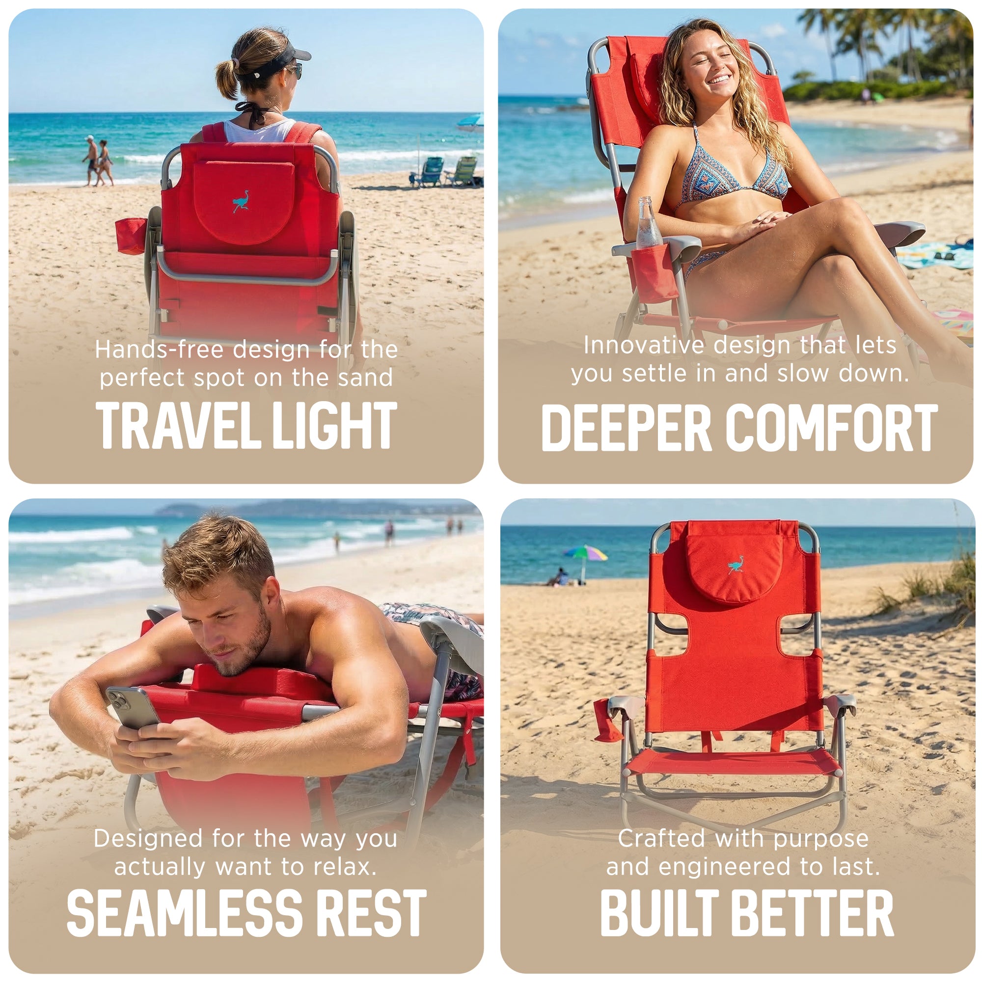 Ostrich The Heavy-Duty Backpacker Portable Reclining Beach Camping Chair, Red - VMInnovations