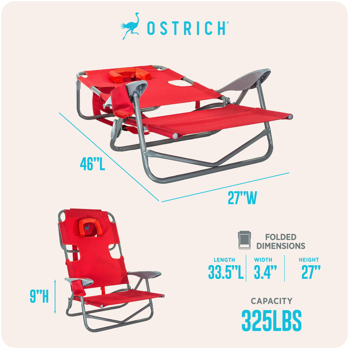Ostrich On Your Back Folding Reclining Outdoor Camping Lawn Chair, Red(Open Box)