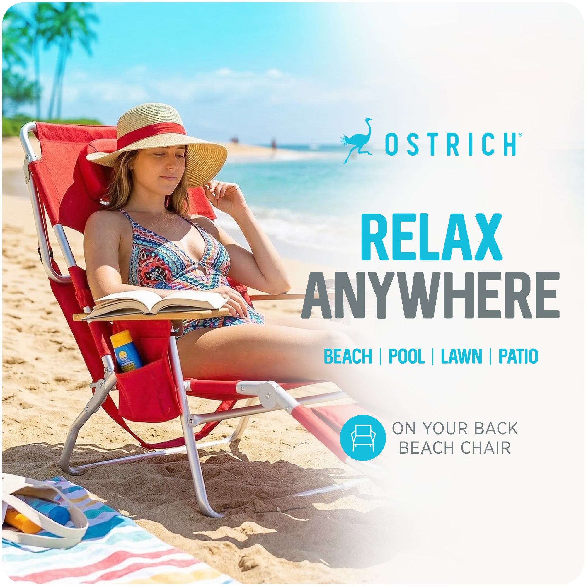 Ostrich The Deluxe 3N1 Lightweight Outdoor Beach Lounge Chair w/ Footrest, Red - VMInnovations